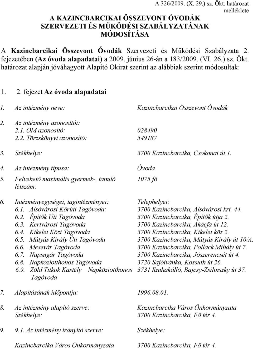 fejezetében (Az óvoda alapadatai) a 2009. június 26-án a 183/2009. (VI. 26.) sz. Ökt. határozat alapján jóváhagyott Alapító Okirat szerint az alábbiak szerint módosultak: 1. 2. fejezet Az óvoda alapadatai 1.