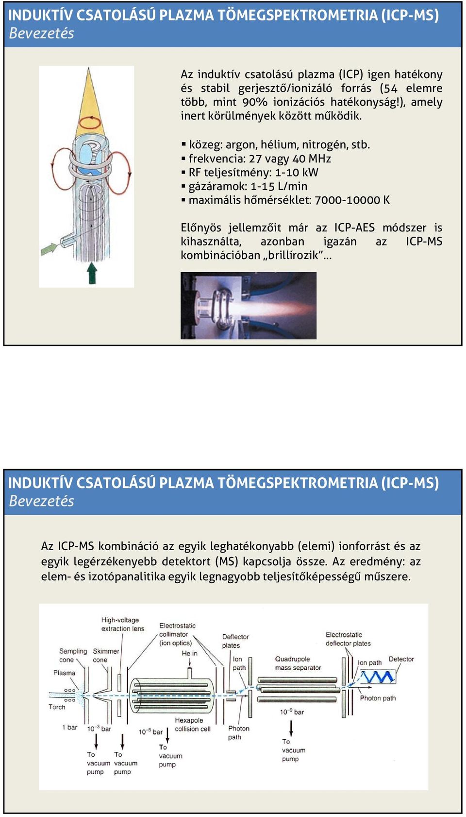 frekvencia: 27 vagy 40 MHz RF teljesítmény: 1-10 kw gázáramok: 1-15 L/min maximális hőmérséklet: 7000-10000 K Előnyös jellemzőit már az ICP-AES módszer is kihasználta, azonban igazán az