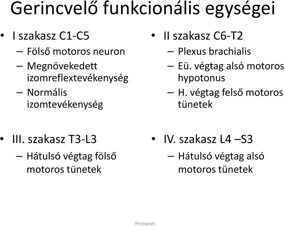 végtag alsó motoros hypotonus H. végtag felső motoros tünetek III.