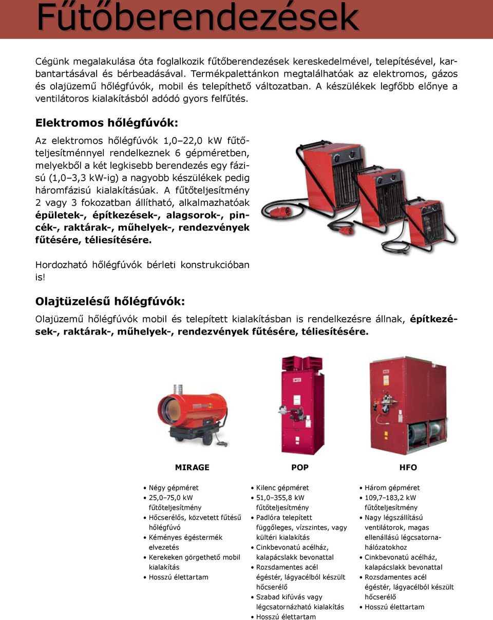Elektromos hőlégfúvók: Az elektromos hőlégfúvók 1,0 22,0 kw fűtőteljesítménnyel rendelkeznek 6 gépméretben, melyekből a két legkisebb berendezés egy fázisú (1,0 3,3 kw-ig) a nagyobb készülékek pedig