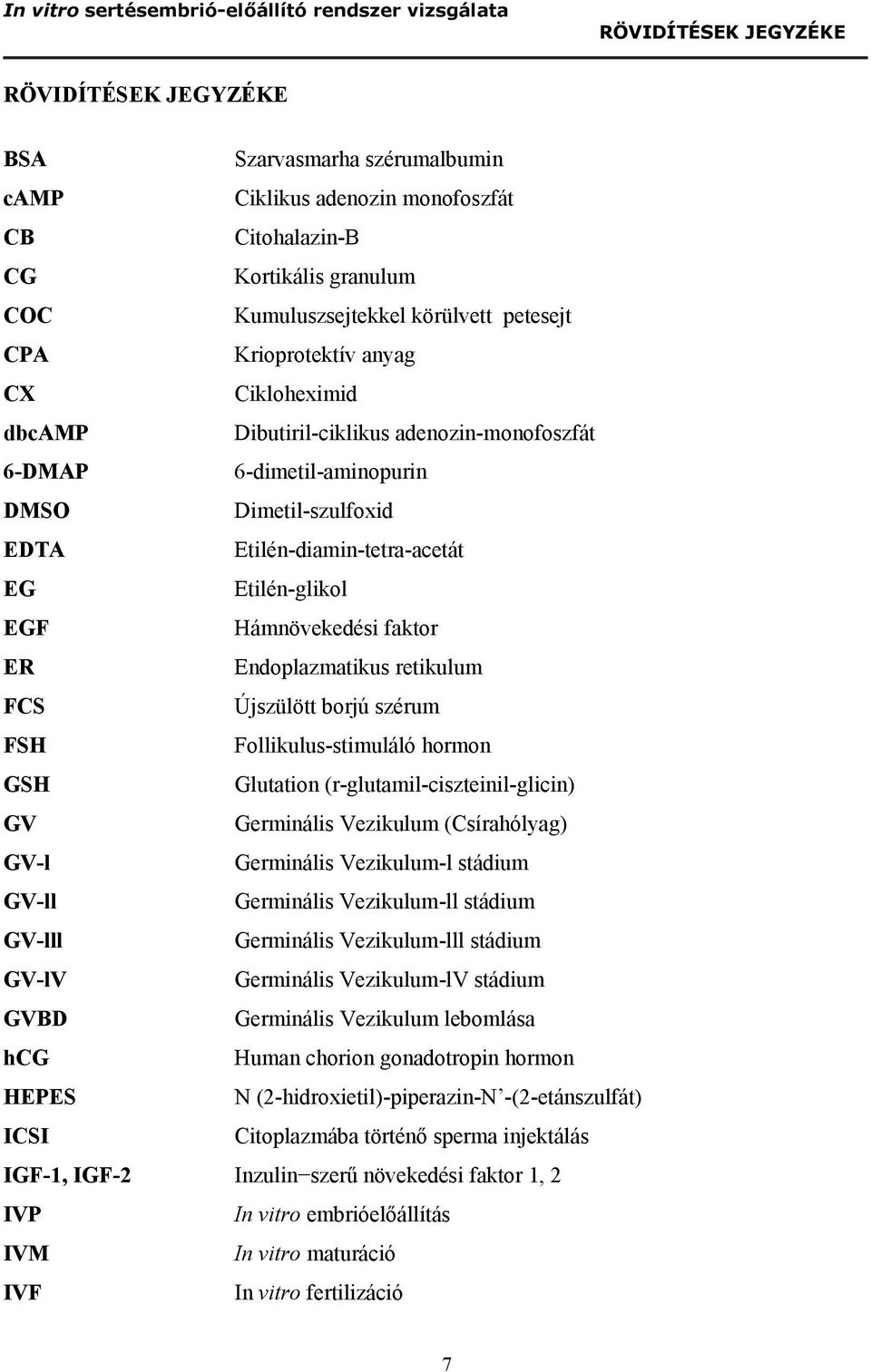 Hámnövekedési faktor ER Endoplazmatikus retikulum FCS Újszülött borjú szérum FSH Follikulus-stimuláló hormon GSH Glutation (r-glutamil-ciszteinil-glicin) GV Germinális Vezikulum (Csírahólyag) GV-l