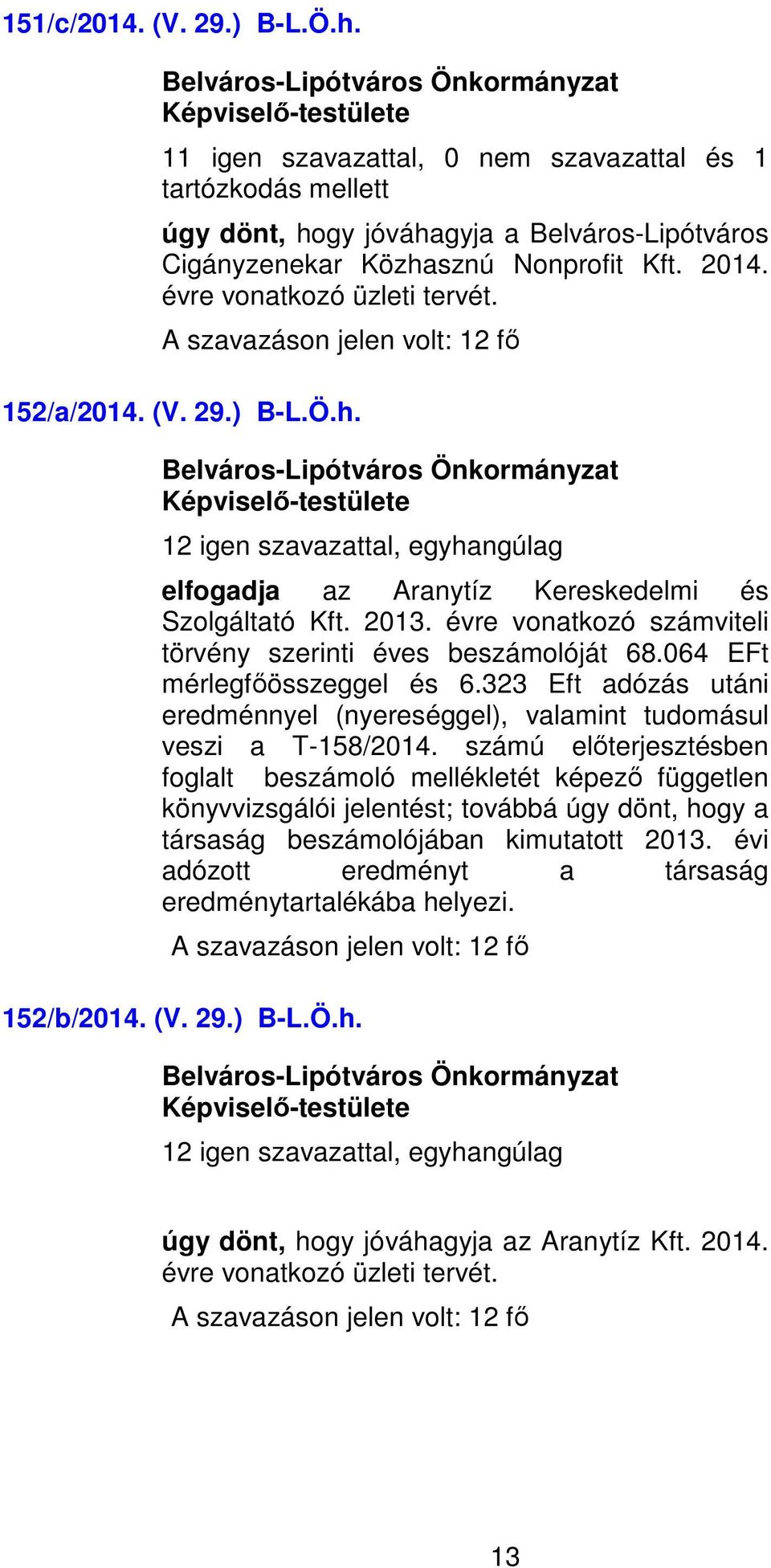 számú előterjesztésben foglalt beszámoló mellékletét képező független könyvvizsgálói jelentést; továbbá úgy dönt, hogy a társaság beszámolójában kimutatott 2013.