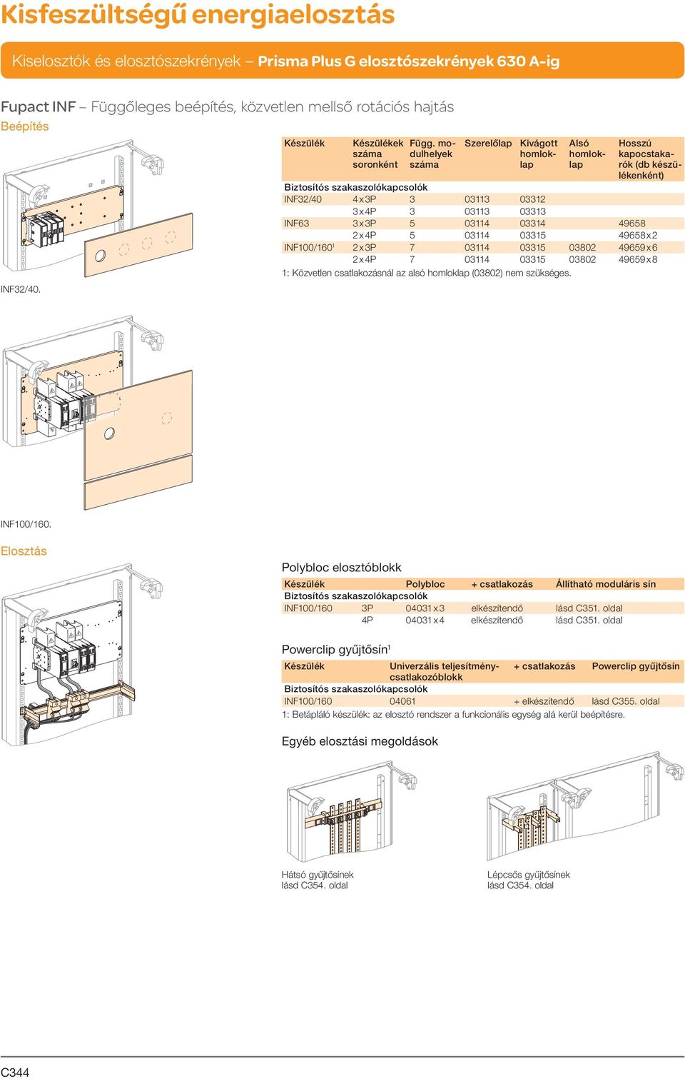 03114 03315 49658 x 2 INF100/160 1 2 x 3P 7 03114 03315 03802 49659 x 6 2 x 4P 7 03114 03315 03802 49659 x 8 1: Közvetlen csatlakozásnál az alsó (03802) nem szükséges. INF100/160. Polybloc elosztóblokk Polybloc + csatla kozás Állítható moduláris sín Biztosítós szakaszolókapcsolók INF100/160 3P 04031 x 3 elkészítendő lásd C351.