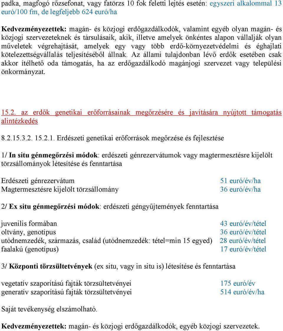 kötelezettségvállalás teljesítéséből állnak. Az állami tulajdonban lévő erdők esetében csak akkor ítélhető oda támogatás, ha az erdőgazdálkodó magánjogi szervezet vagy települési önkormányzat. 15.2.