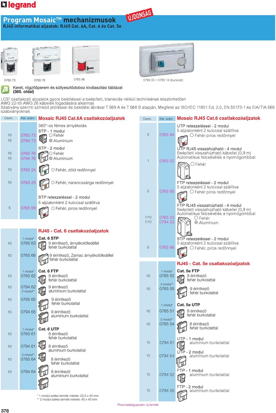 Szabvány szerinti színkód jelöléssel és bekötési ábrával T 568 A és T 568 B alapján. Megfelel az ISO/IEC 80 Ed. 2.0, EN 5073- és EIA/TIA 568 szabványoknak Mosaic RJ45 Cat.