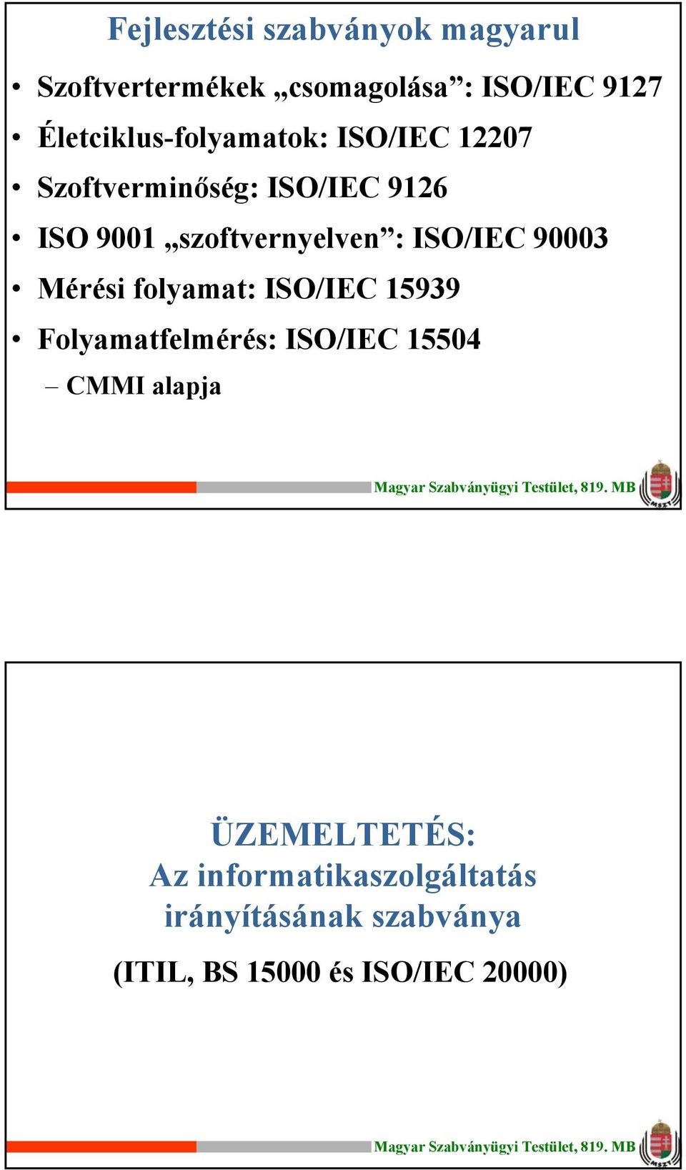 szoftvernyelven : ISO/IEC 90003 Mérési folyamat: ISO/IEC 5939 Folyamatfelmérés: ISO/IEC