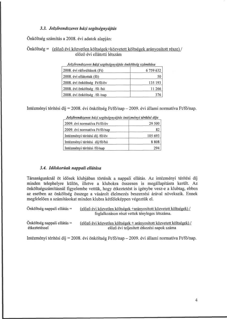 évi ráfordítások (Ft) 6 759 632 2008. évi ellátottak (fő) 50 2008. évi önköltség Ft/fó/év 135 193 2008. évi önköltség /fő /hó 11266 2008. évi önköltség /fő /nap 376 Intézményi térítési díj = 2008.