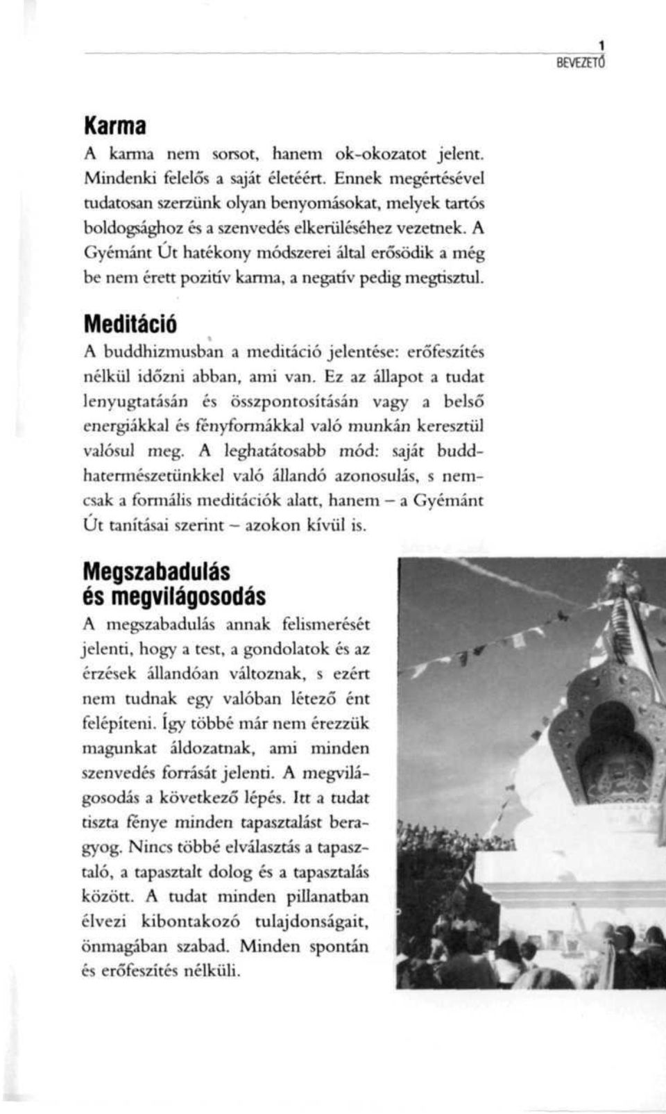 A Gyémánt Út hatékony módszerei által erősödik a még be nem érett pozitív karma, a negatív pedig megtisztul. Meditáció A buddhizmusban a meditáció jelentése: erőfeszítés nélkül időzni abban, ami van.