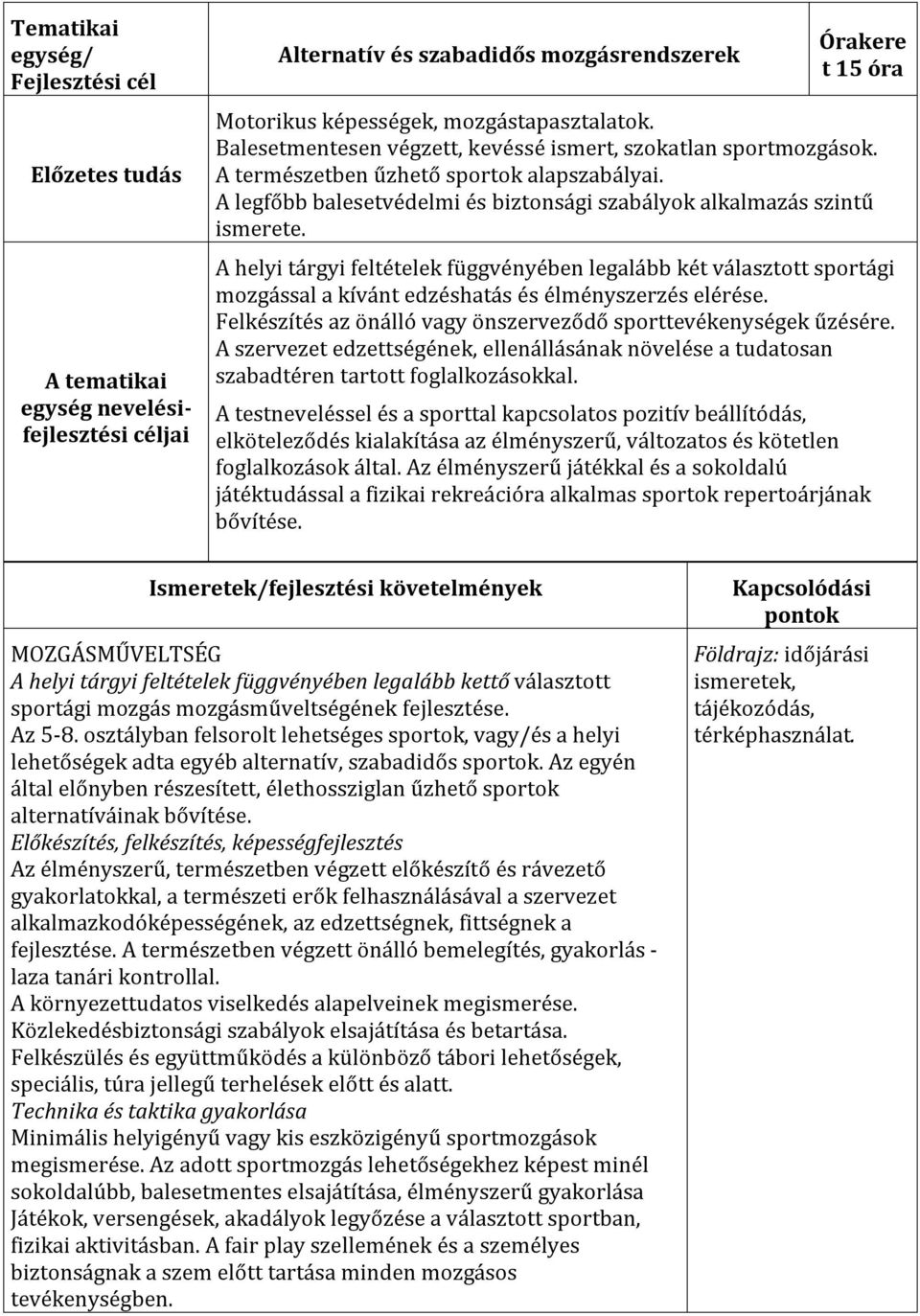 A helyi tárgyi feltételek függvényében legalább két választott sportági mozgással a kívánt edzéshatás és élményszerzés elérése. Felkészítés az önálló vagy önszerveződő sporttevékenységek űzésére.