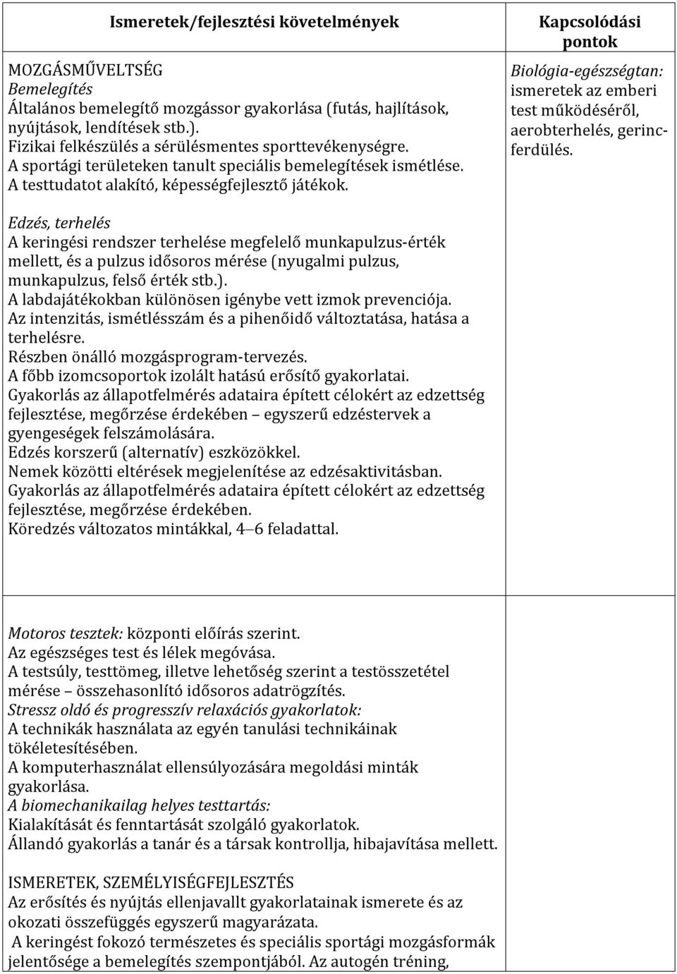 Kapcsolódási pontok Biológia-egészségtan: ismeretek az emberi test működéséről, aerobterhelés, gerincferdülés.