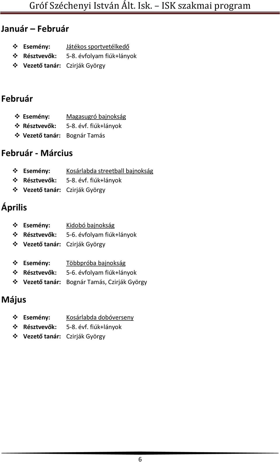 fiúk+lányok Vezető tanár: Bognár Tamás Február - Március Esemény: Kosárlabda streetball bajnokság Résztvevők: 5-8. évf.