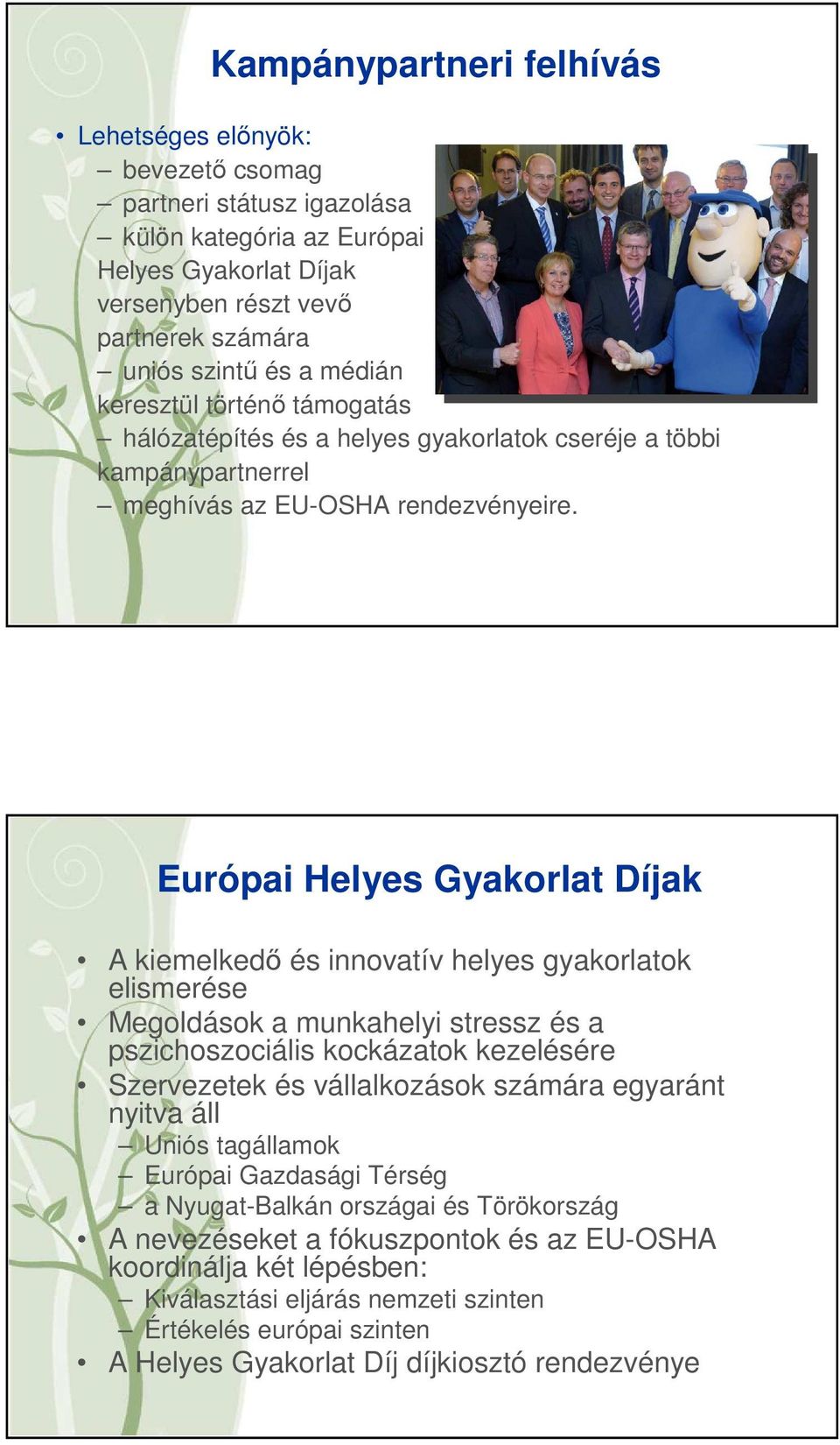 Európai Helyes Gyakorlat Díjak A kiemelkedő és innovatív helyes gyakorlatok elismerése Megoldások a munkahelyi stressz és a pszichoszociális kockázatok kezelésére Szervezetek és vállalkozások számára