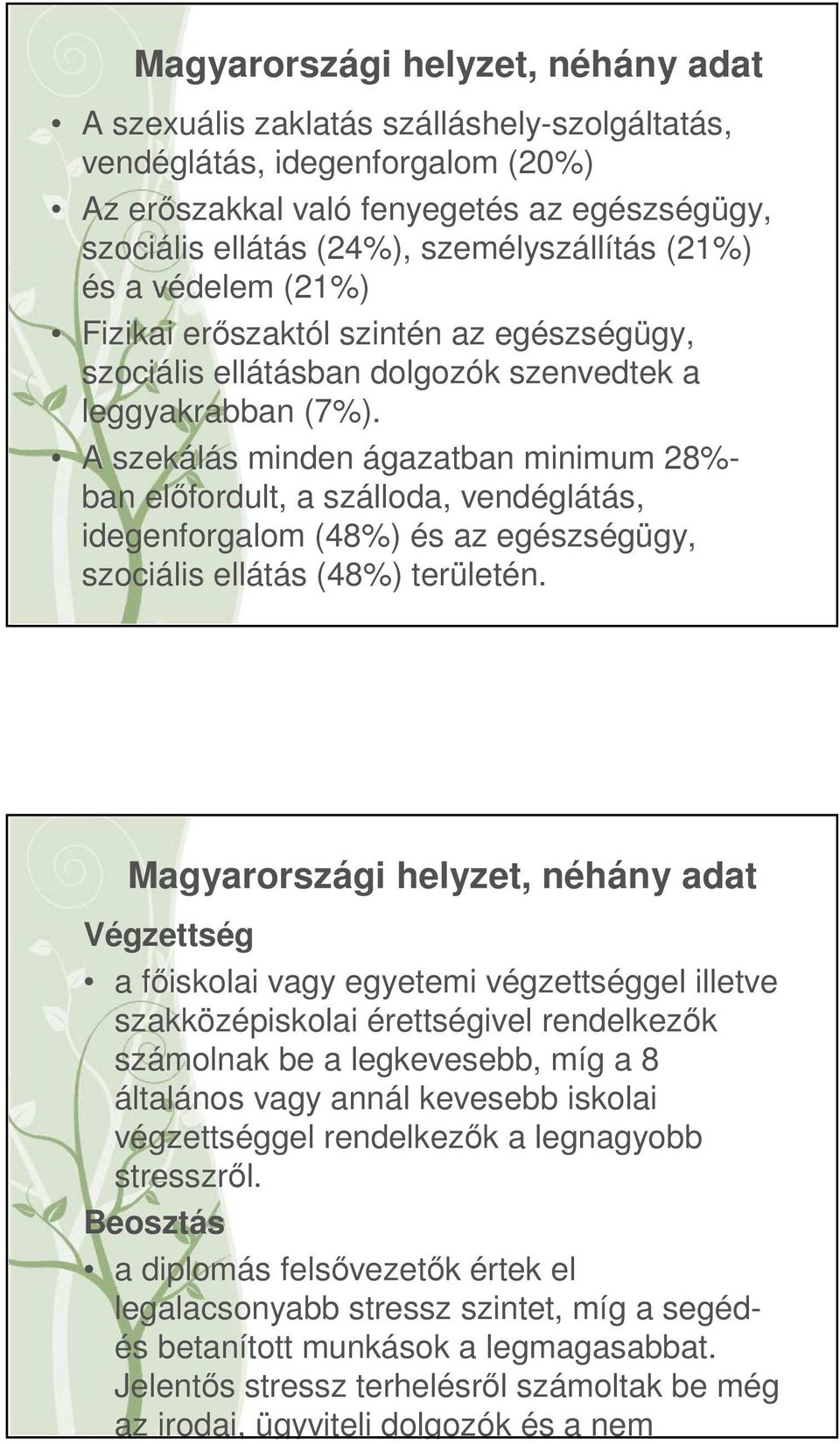 A szekálás minden ágazatban minimum 28%- ban előfordult, a szálloda, vendéglátás, idegenforgalom (48%) és az egészségügy, szociális ellátás (48%) területén.