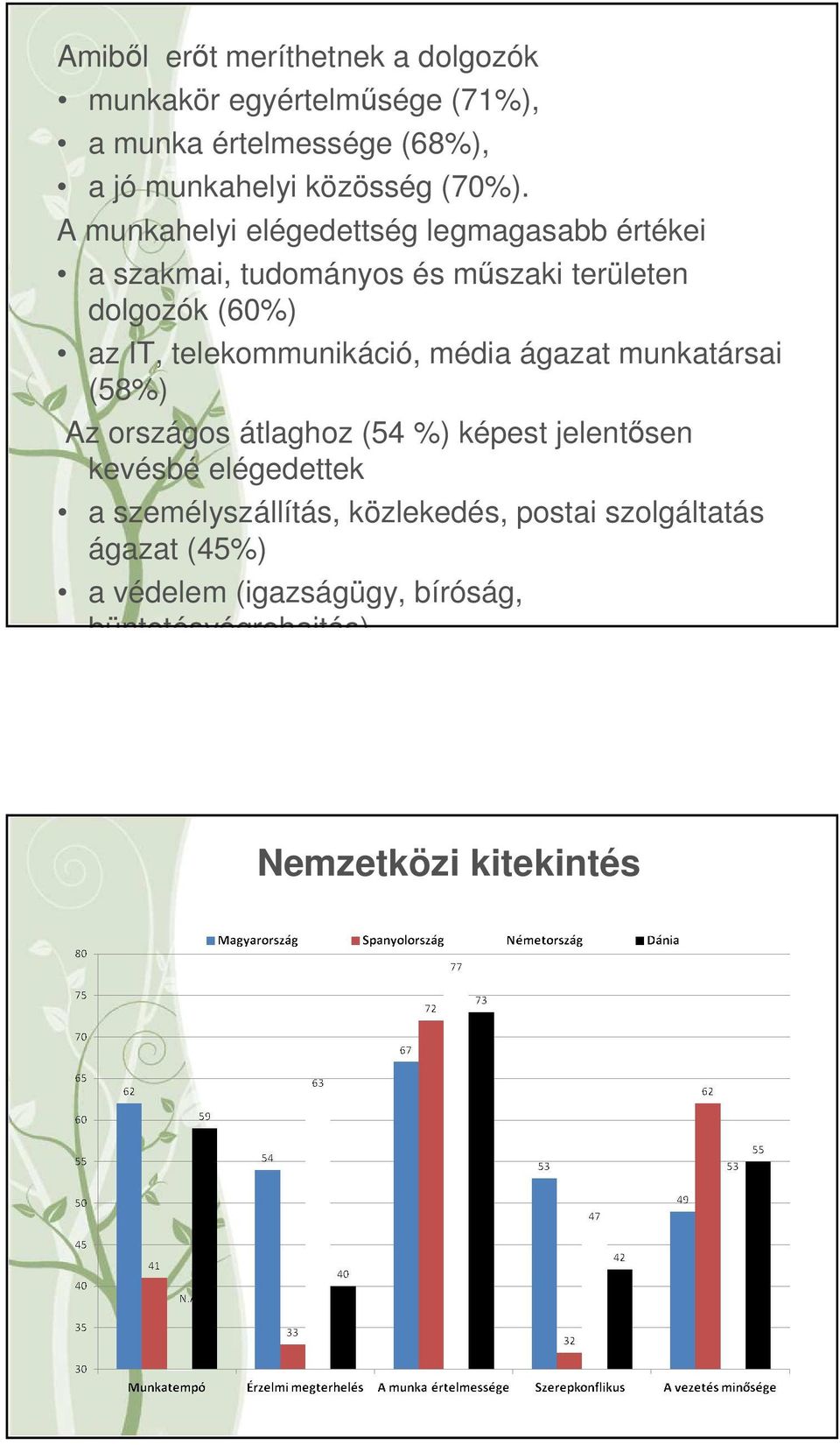 A munkahelyi elégedettség legmagasabb értékei a szakmai, tudományos és műszaki területen dolgozók (60%) az IT,