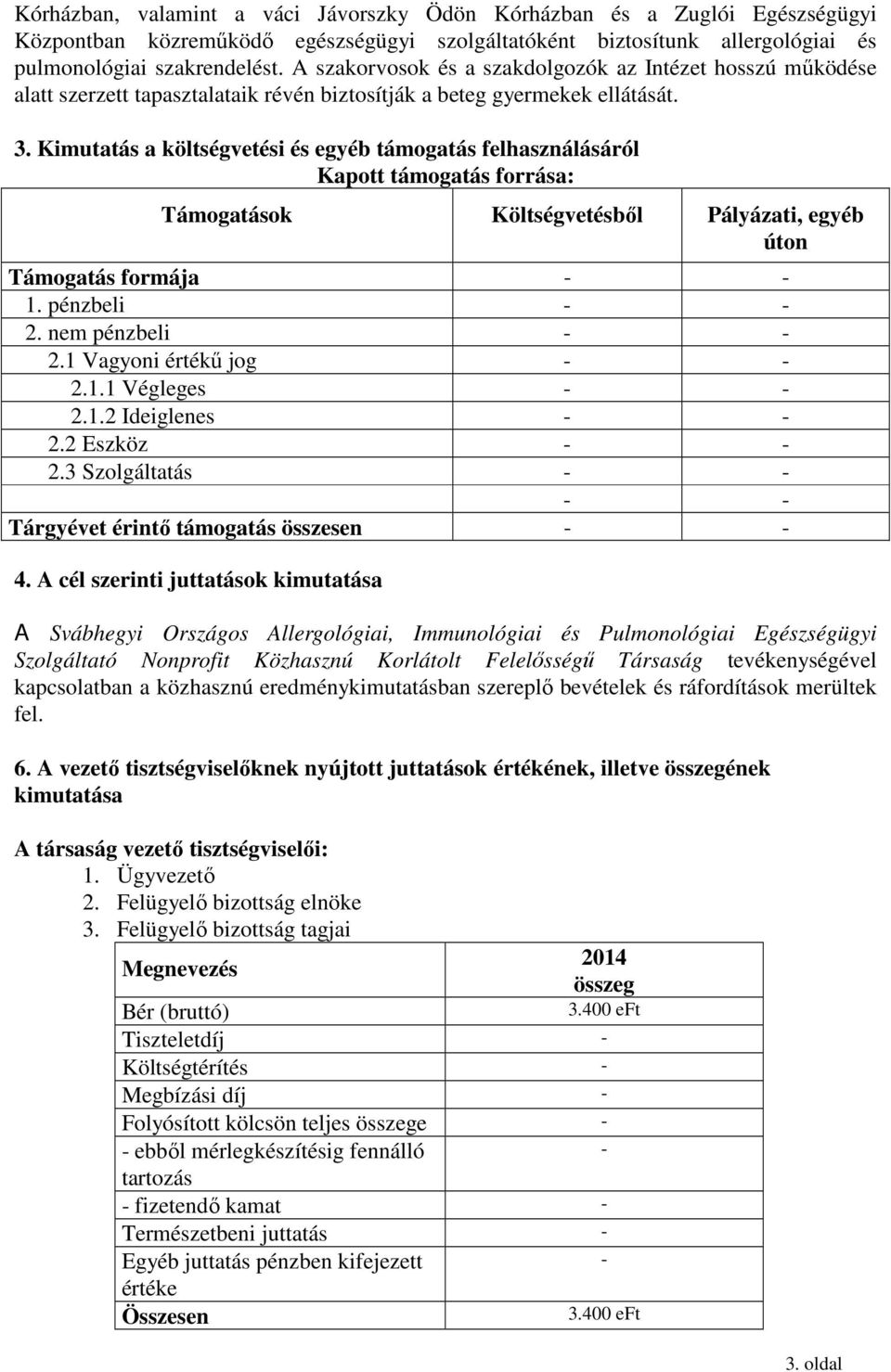 Kimutatás a költségvetési és egyéb támogatás felhasználásáról Kapott támogatás forrása: Támogatások Költségvetésből Pályázati, egyéb úton Támogatás formája - - 1. pénzbeli - - 2. nem pénzbeli - - 2.