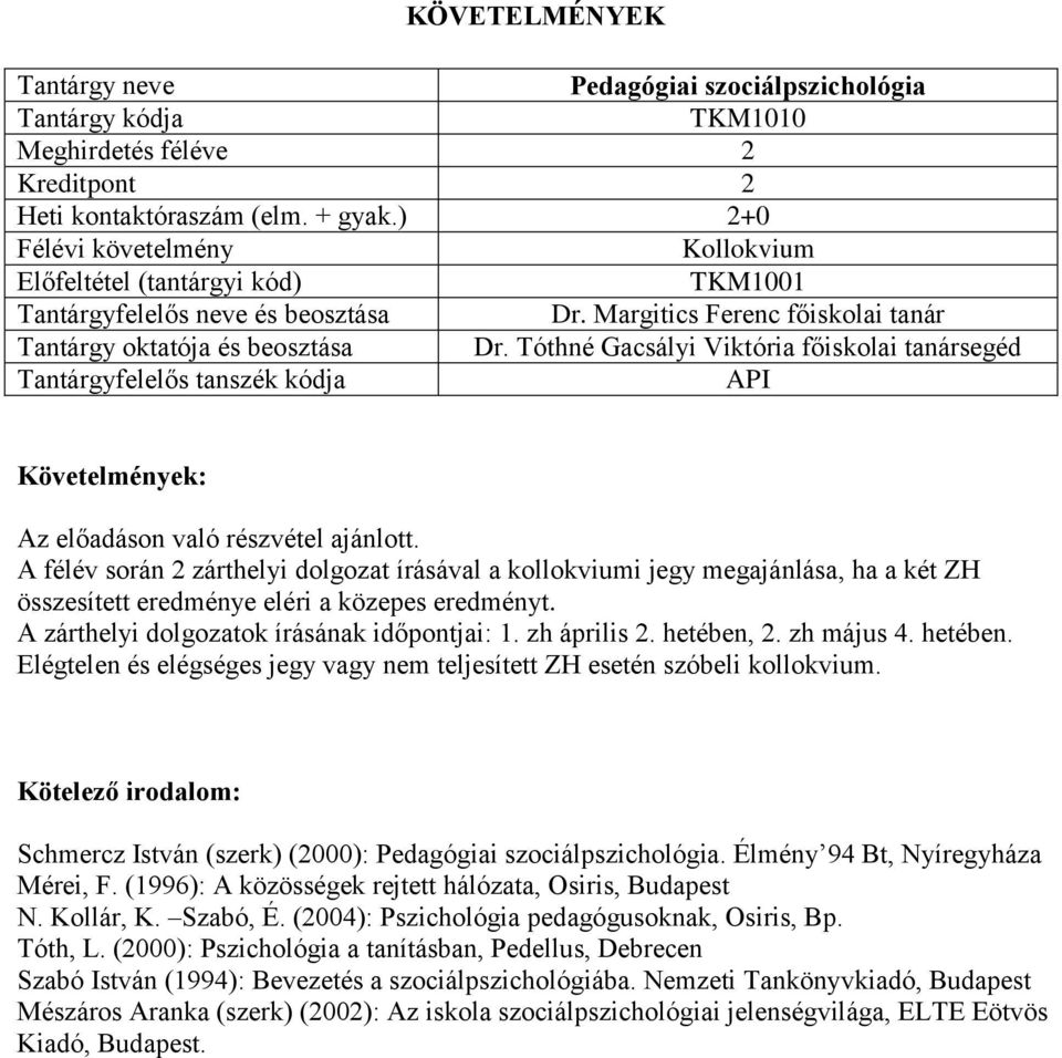 A félév során 2 zárthelyi dolgozat írásával a kollokviumi jegy megajánlása, ha a két ZH összesített eredménye eléri a közepes eredményt. A zárthelyi dolgozatok írásának időpontjai: 1. zh április 2.