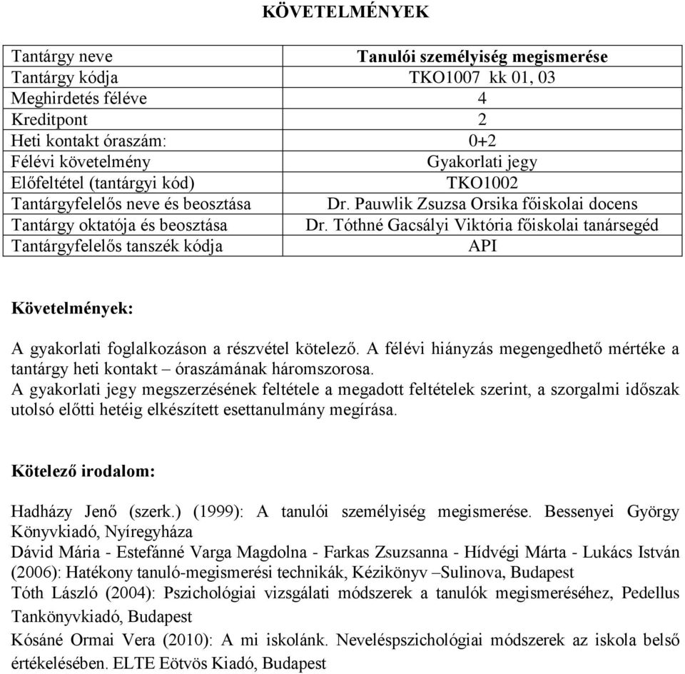 A gyakorlati jegy megszerzésének feltétele a megadott feltételek szerint, a szorgalmi időszak utolsó előtti hetéig elkészített esettanulmány megírása. Hadházy Jenő (szerk.