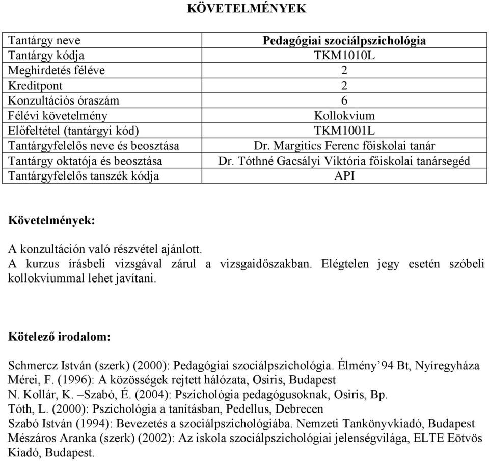 Elégtelen jegy esetén szóbeli kollokviummal lehet javítani. Schmercz István (szerk) (2000): Pedagógiai szociálpszichológia. Élmény 94 Bt, Nyíregyháza Mérei, F.