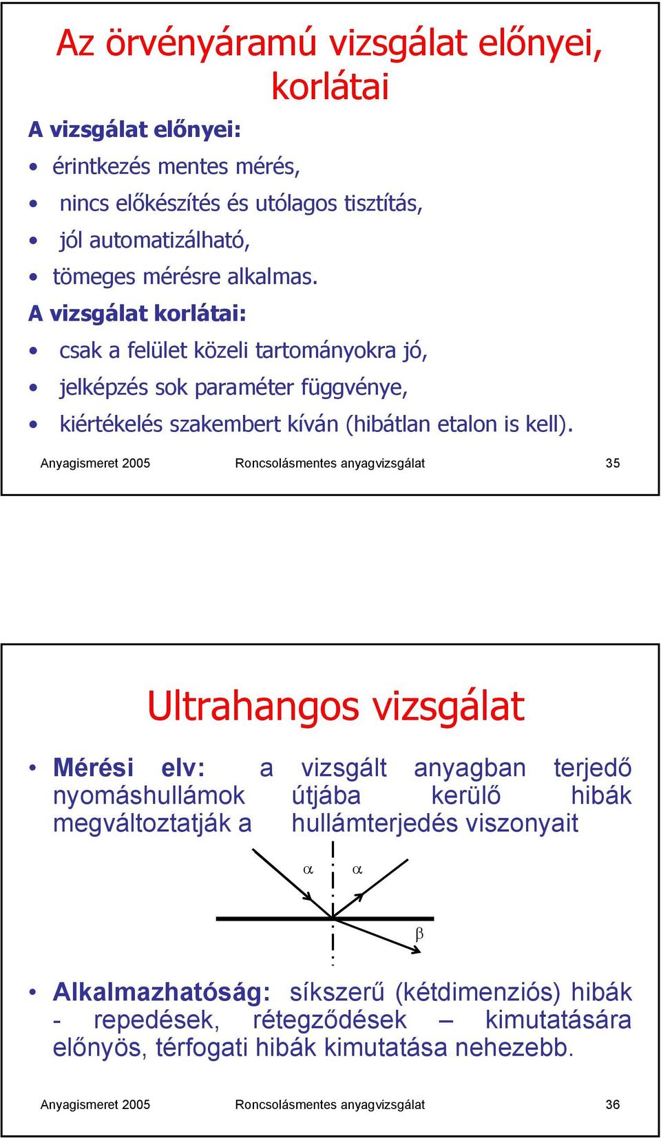 Anyagismeret 2005 Roncsolásmentes anyagvizsgálat 35 Ultrahangos vizsgálat Mérési elv: a vizsgált anyagban terjedő nyomáshullámok útjába kerülő hibák megváltoztatják a