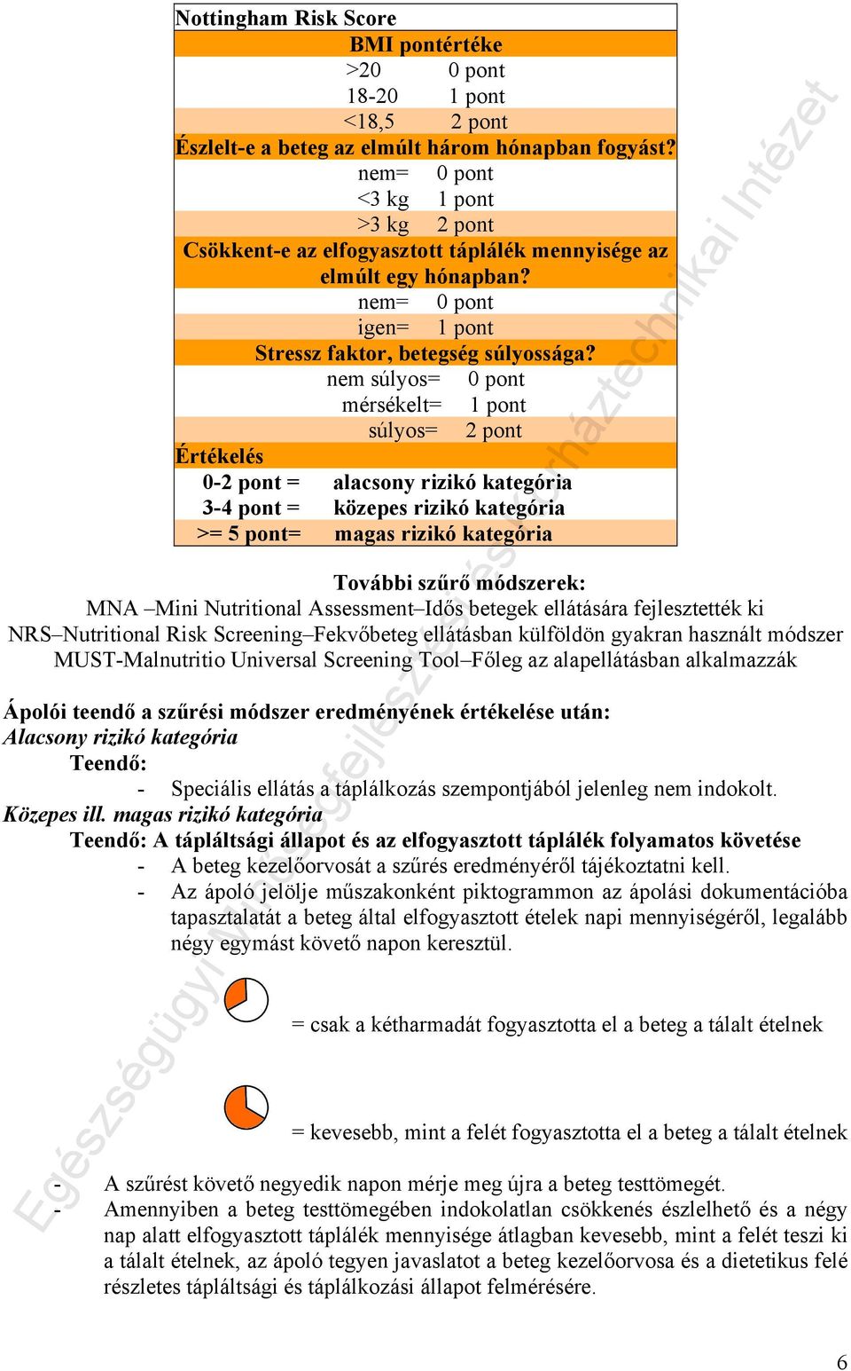 nem súlyos= 0 pont mérsékelt= 1 pont súlyos= 2 pont Értékelés 0-2 pont = alacsony rizikó kategória 3-4 pont = közepes rizikó kategória >= 5 pont= magas rizikó kategória További szűrő módszerek: MNA