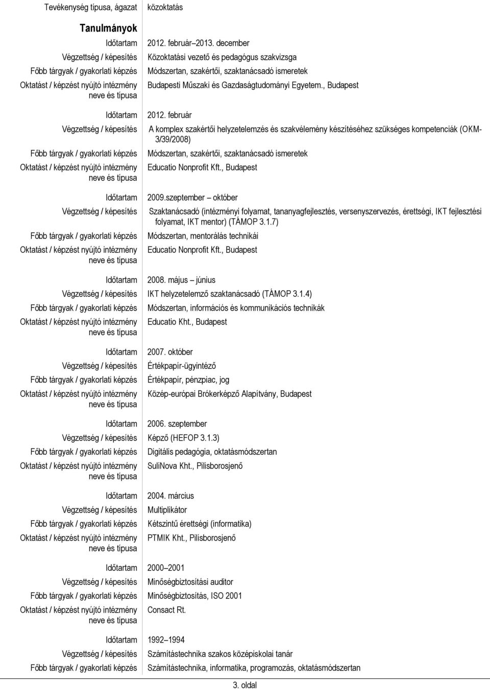 , Budapest 2009.szeptember október Szaktanácsadó (intézményi folyamat, tananyagfejlesztés, versenyszervezés, érettségi, IKT fejlesztési folyamat, IKT mentor) (TÁMOP 3.1.