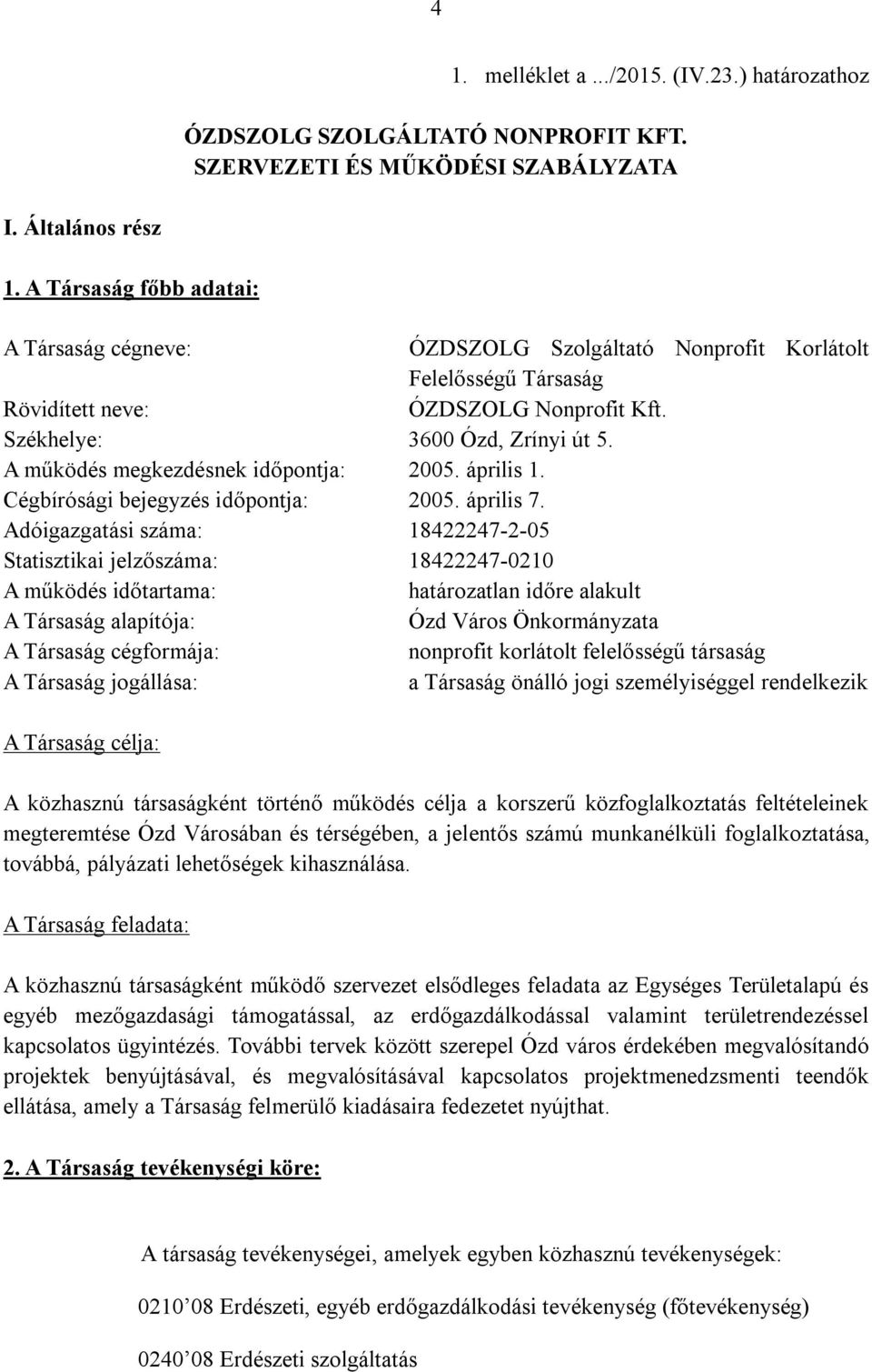 A működés megkezdésnek időpontja: 2005. április 1. Cégbírósági bejegyzés időpontja: 2005. április 7.