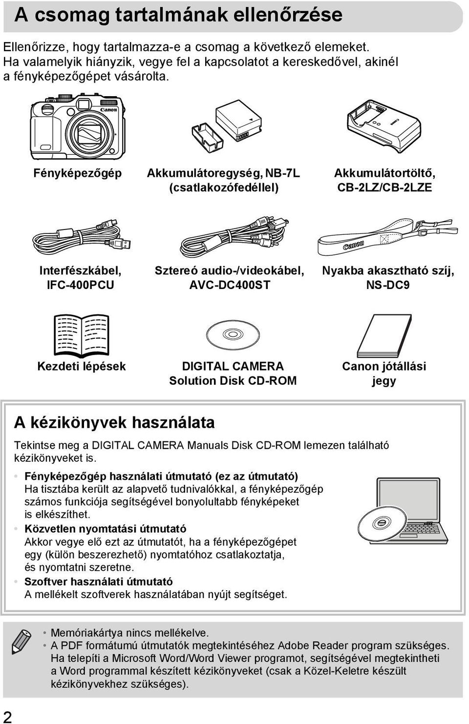 lépések DIGITAL CAMERA Solution Disk CD-ROM Canon jótállási jegy A kézikönyvek használata Tekintse meg a DIGITAL CAMERA Manuals Disk CD-ROM lemezen található kézikönyveket is.