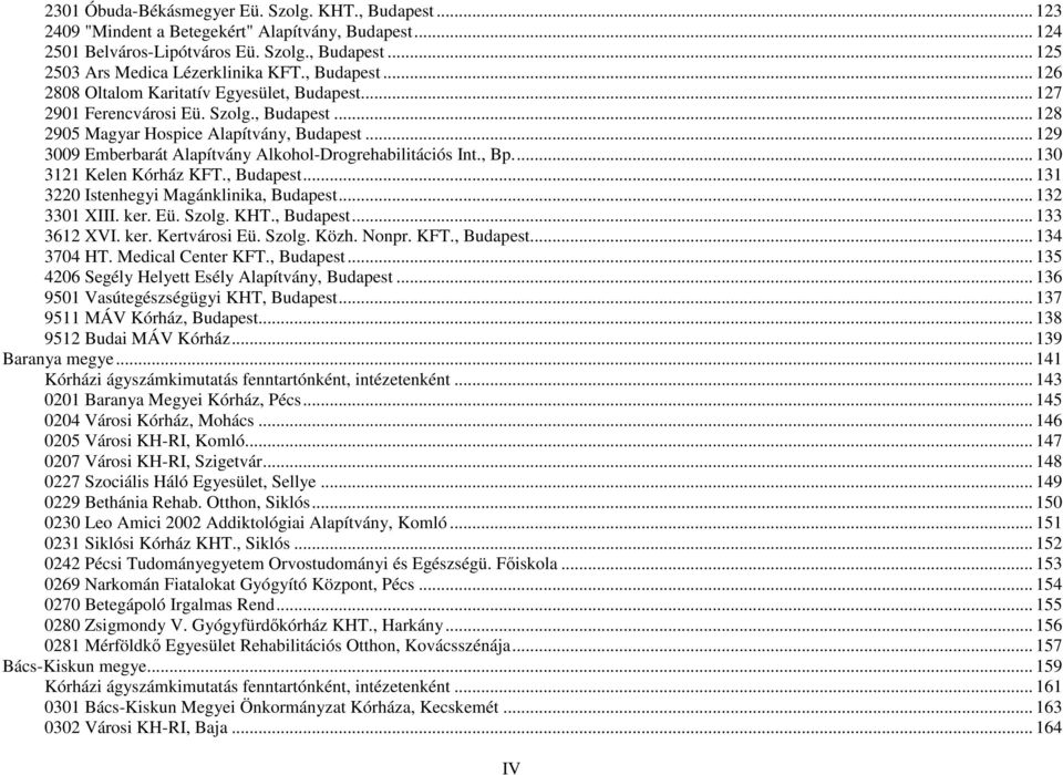 .. 129 3009 Emberbarát Alapítvány Alkohol-Drogrehabilitációs Int., Bp... 130 3121 Kelen Kórház KFT., Budapest... 131 3220 Istenhegyi Magánklinika, Budapest... 132 3301 XIII. ker. Eü. Szolg. KHT.