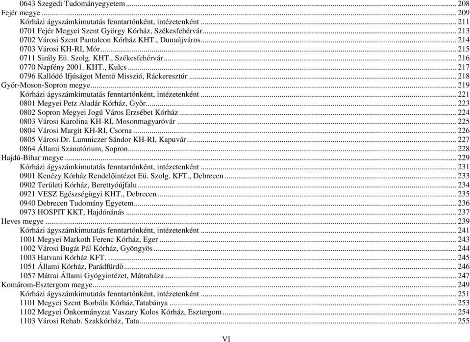 .. 217 0796 Kallódó Ifjúságot Mentı Misszió, Ráckeresztúr... 218 Gyır-Moson-Sopron megye... 219 Kórházi ágyszámkimutatás fenntartónként, intézetenként... 221 0801 Megyei Petz Aladár Kórház, Gyır.