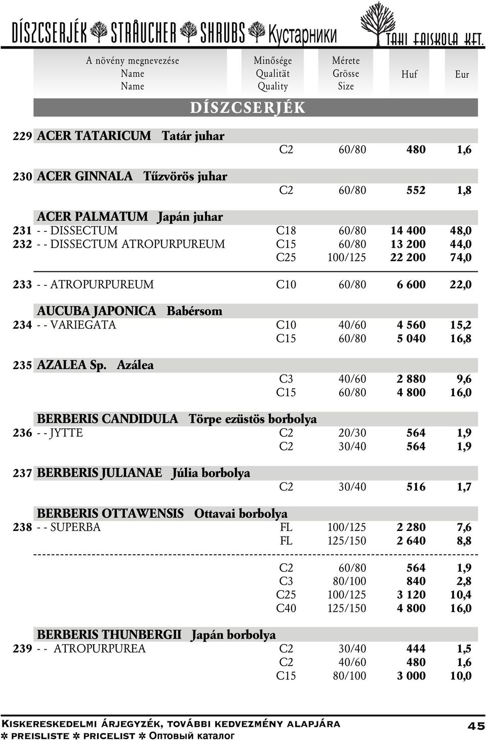 Sp. Azálea C3 40/60 2 880 9,6 C15 60/80 4 800 16,0 BERBERIS CANDIDULA Törpe ezüstös borbolya 236 - - JYTTE C2 20/30 564 1,9 C2 30/40 564 1,9 237 BERBERIS JULIANAE Júlia borbolya C2 30/40 516 1,7