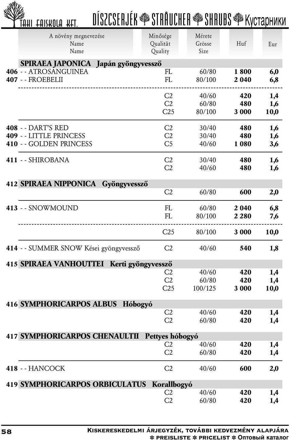 Gyöngyvesszô C2 60/80 600 2,0 413 - - SNOWMOUND FL 60/80 2 040 6,8 FL 80/100 2 280 7,6 C25 80/100 3 000 10,0 414 - - SUMMER SNOW Kései gyöngyvesszô C2 40/60 540 1,8 415 SPIRAEA VANHOUTTEI