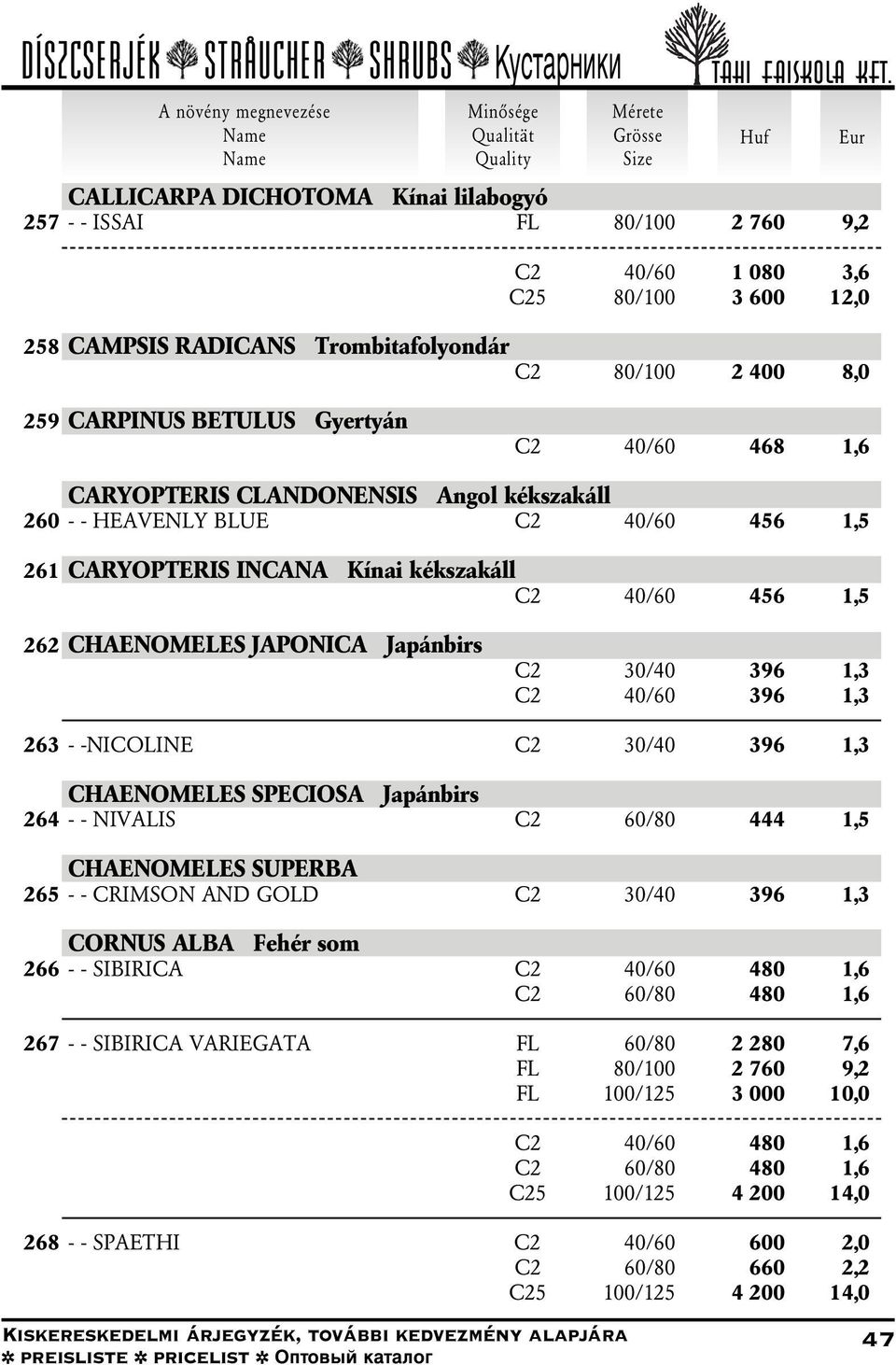 C2 30/40 396 1,3 C2 40/60 396 1,3 263 - -NICOLINE C2 30/40 396 1,3 CHAENOMELES SPECIOSA Japánbirs 264 - - NIVALIS C2 60/80 444 1,5 CHAENOMELES SUPERBA 265 - - CRIMSON AND GOLD C2 30/40 396 1,3 CORNUS