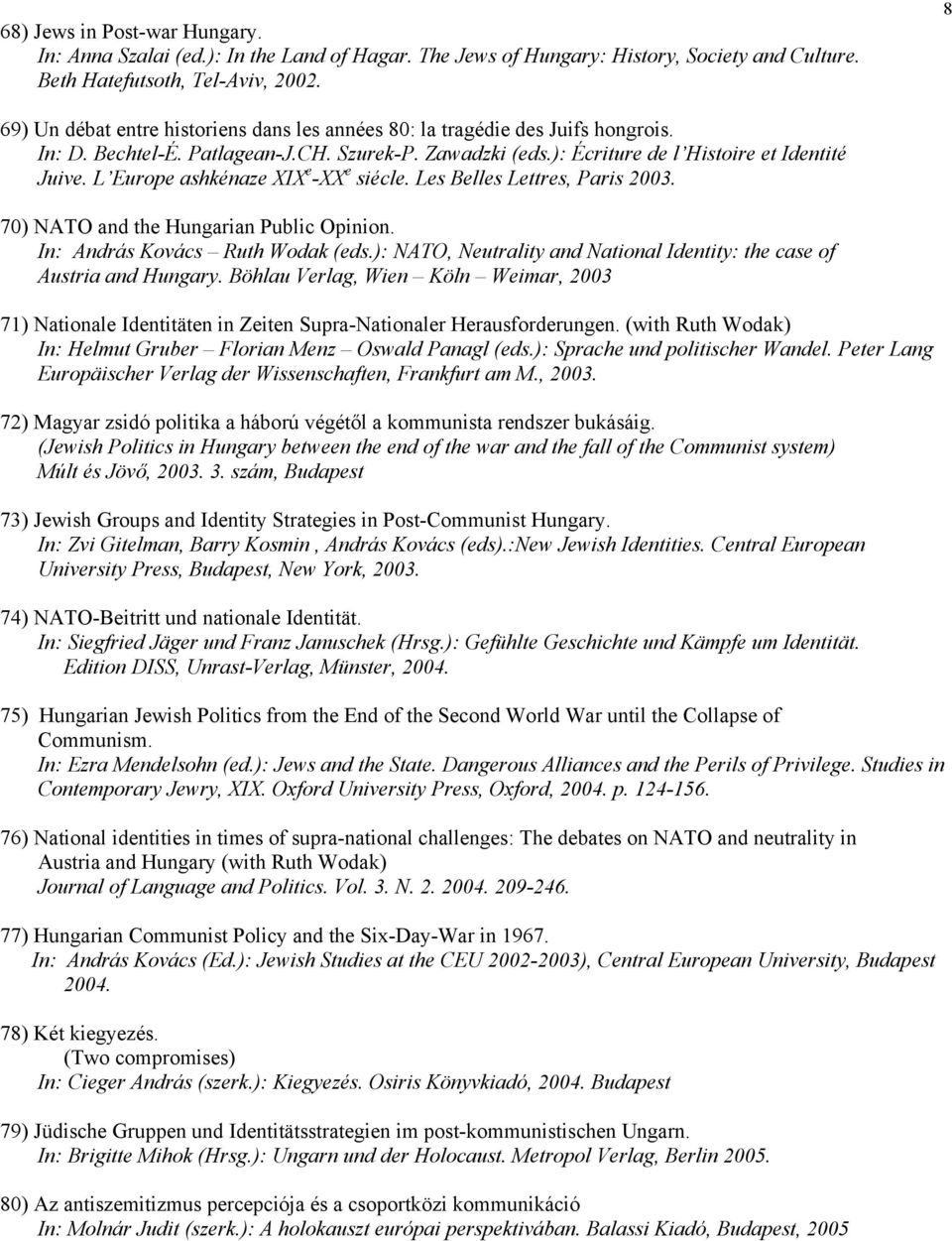 L Europe ashkénaze XIX e -XX e siécle. Les Belles Lettres, Paris 2003. 70) NATO and the Hungarian Public Opinion. In: András Kovács Ruth Wodak (eds.