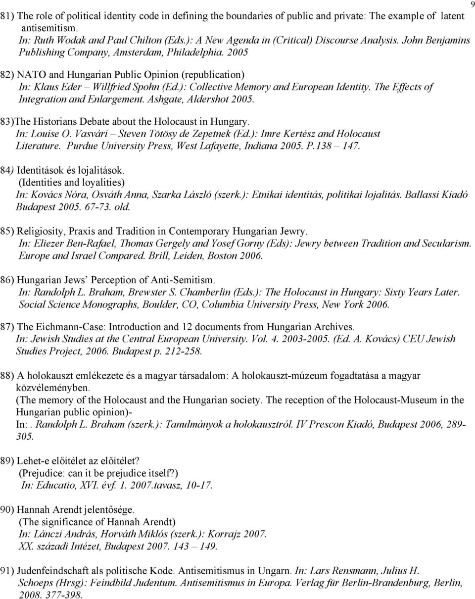 2005 82) NATO and Hungarian Public Opinion (republication) In: Klaus Eder Willfried Spohn (Ed.): Collective Memory and European Identity. The Effects of Integration and Enlargement.