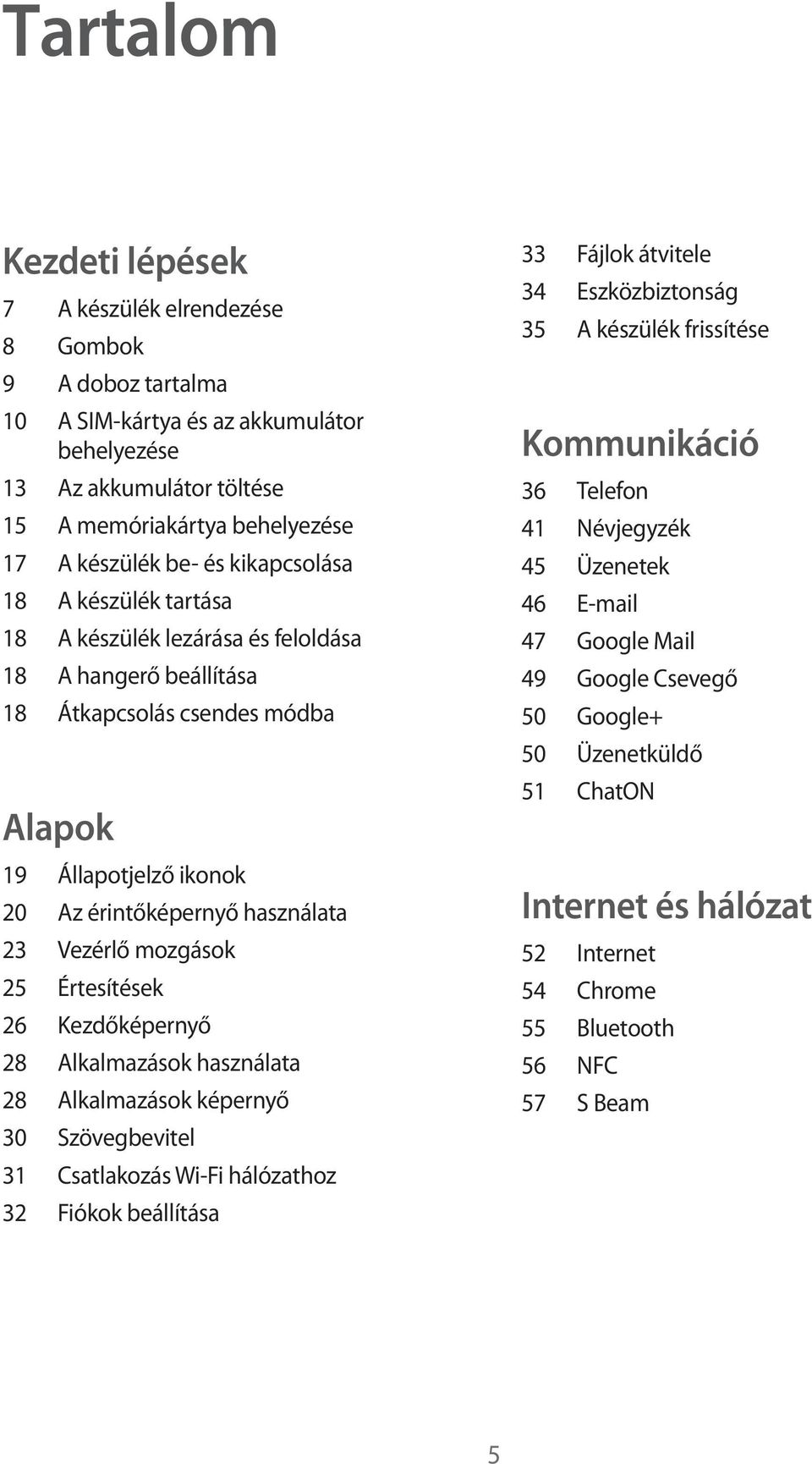 mozgások 25 Értesítések 26 Kezdőképernyő 28 Alkalmazások használata 28 Alkalmazások képernyő 30 Szövegbevitel 31 Csatlakozás Wi-Fi hálózathoz 32 Fiókok beállítása 33 Fájlok átvitele 34