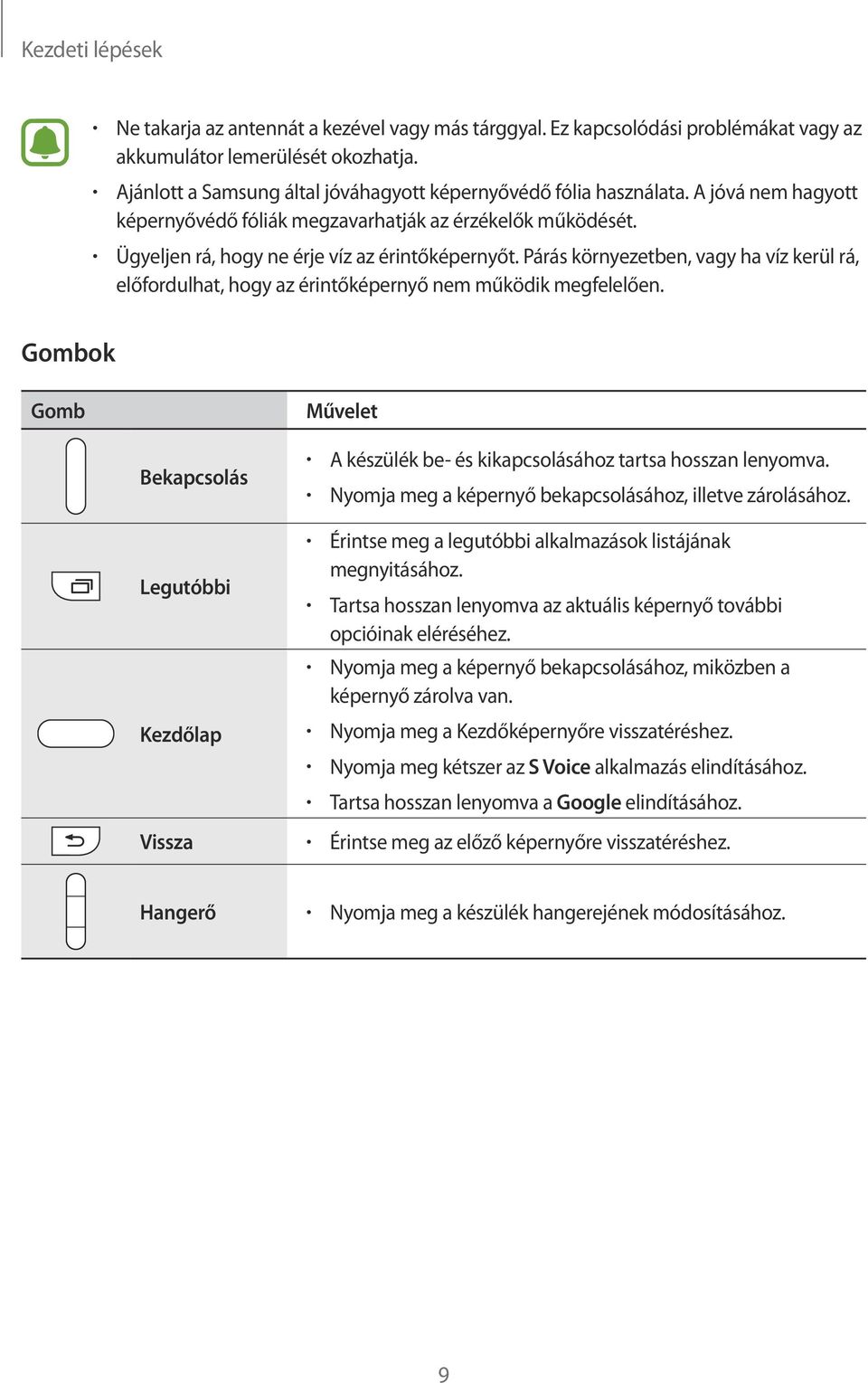 Párás környezetben, vagy ha víz kerül rá, előfordulhat, hogy az érintőképernyő nem működik megfelelően.