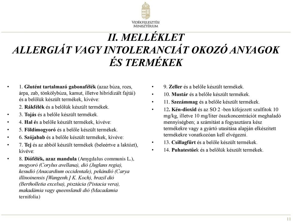 Tojás és a belőle készült termékek. 4. Hal és a belőle készült termékek, kivéve: 5. Földimogyoró és a belőle készült termékek. 6. Szójabab és a belőle készült termékek, kivéve: 7.