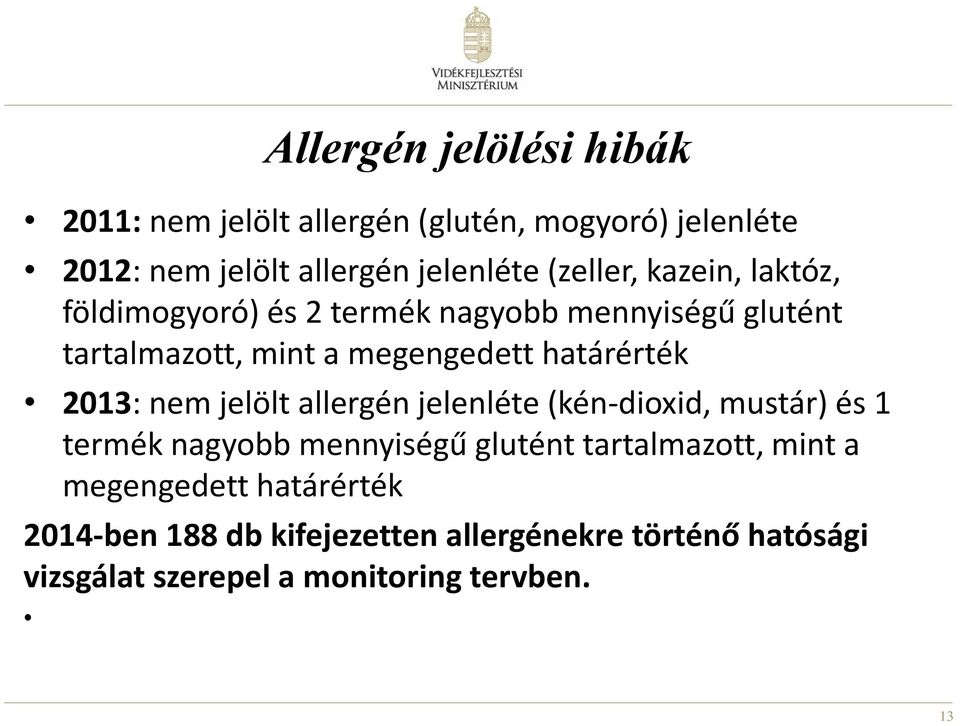 határérték 2013: nem jelölt allergén jelenléte (kén-dioxid, mustár) és 1 termék nagyobb mennyiségű glutént