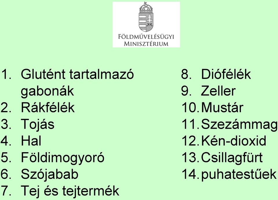 Tej és tejtermék 8. Diófélék 9. Zeller 10.