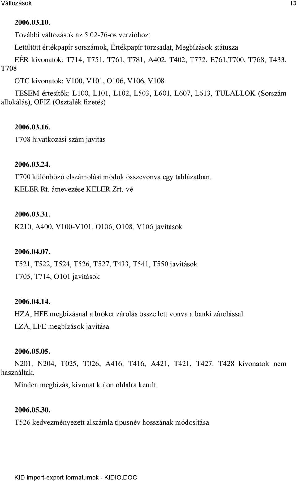 V101, O106, V106, V108 TESEM értesítők: L100, L101, L102, L503, L601, L607, L613, TULALLOK (Sorszám allokálás), OFIZ (Osztalék fizetés) 2006.03.16. T708 hivatkozási szám javítás 2006.03.24.