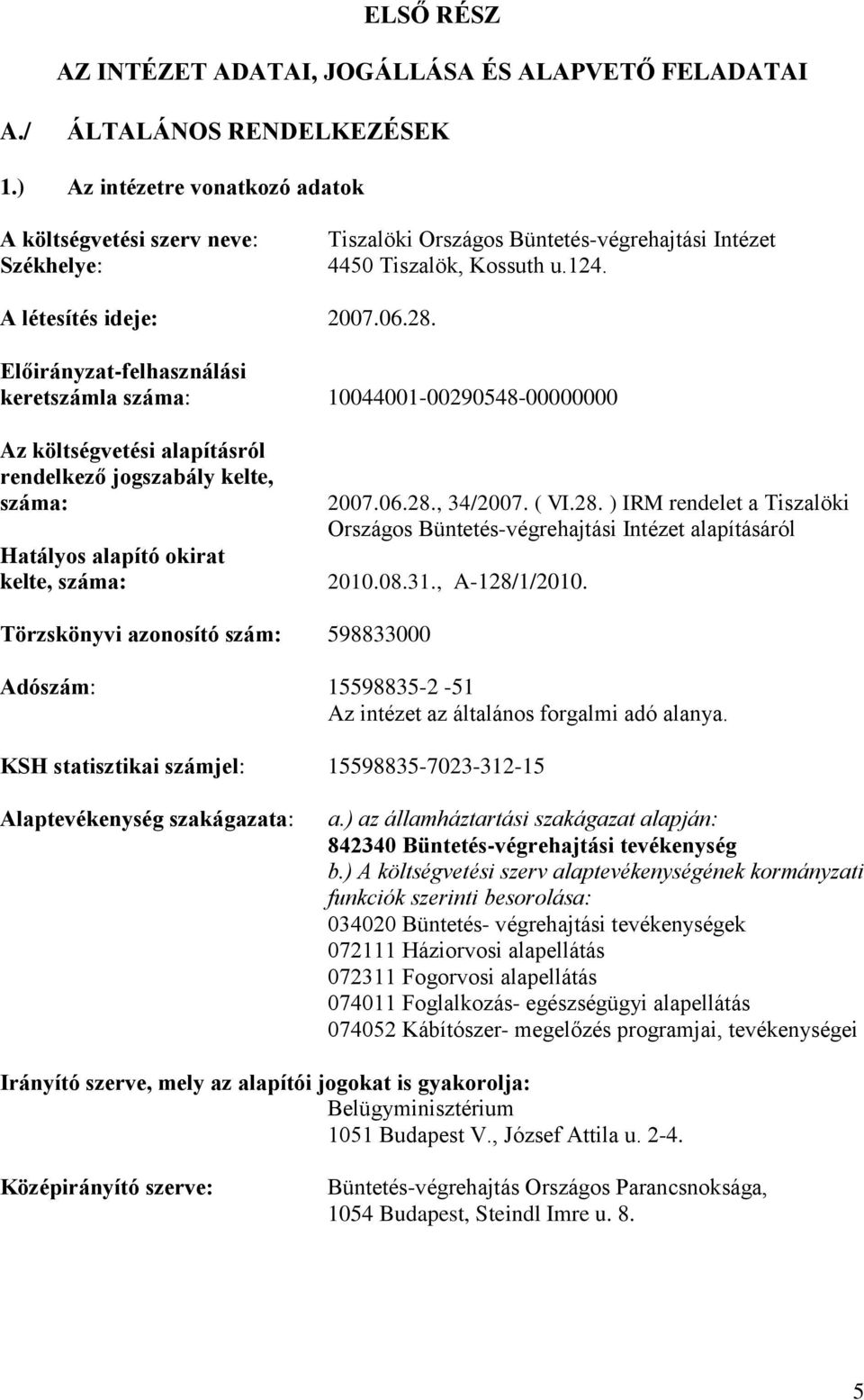 Előirányzat-felhasználási keretszámla száma: 10044001-00290548-00000000 Az költségvetési alapításról rendelkező jogszabály kelte, száma: Hatályos alapító okirat kelte, száma: 2007.06.28., 34/2007.