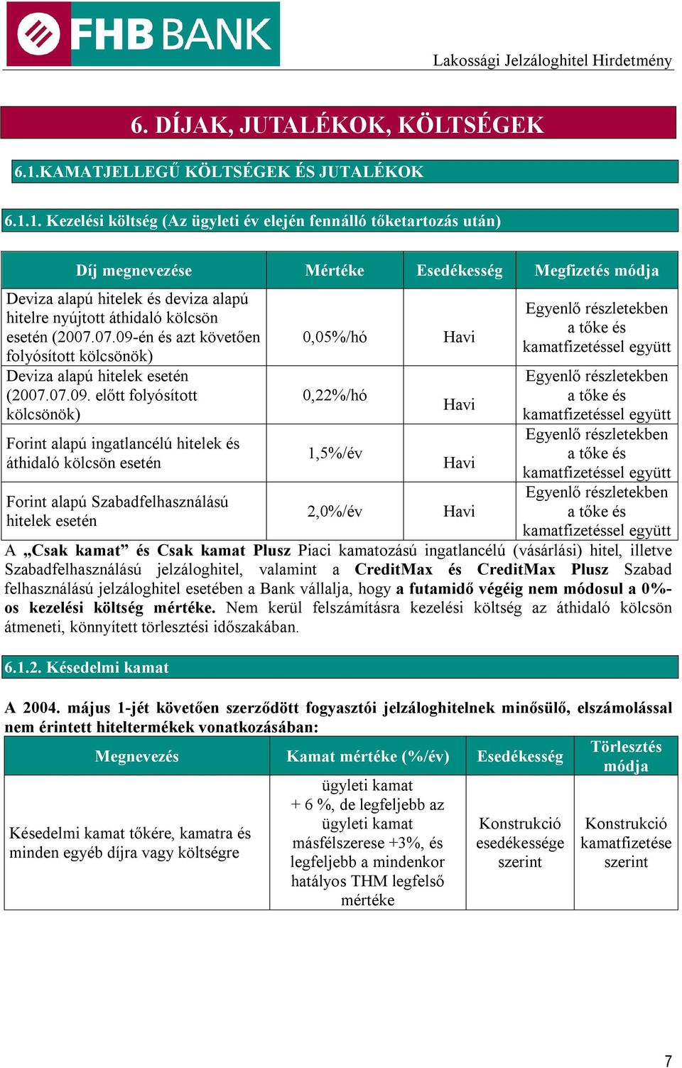 1. Kezelési költség (Az ügyleti év elején fennálló tőketartozás után) Díj megnevezése Mértéke Esedékesség Megfizetés módja Deviza alapú hitelek és deviza alapú hitelre nyújtott áthidaló kölcsön