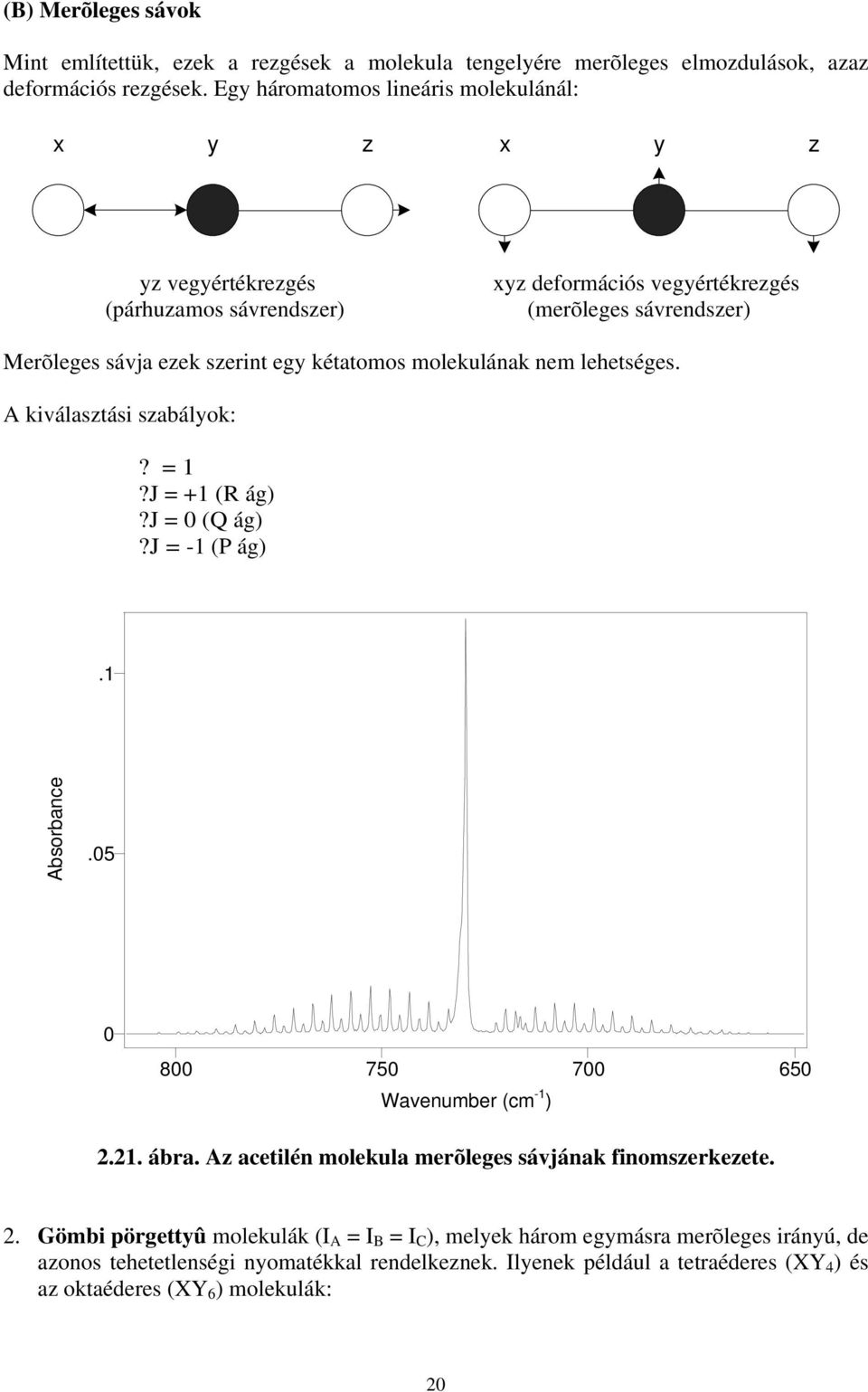 molekulának nem lehetége. A kiválaztái zabályok:? = 1?J = +1 (R ág)?j = 0 (Q ág)?j = -1 (P ág).1 Aborbance.05 0 800 750 700 650 Wavenumber (cm -1 ) 2.21. ábra.