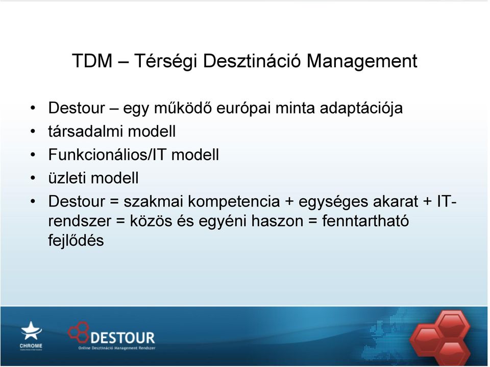 üzleti modell Destour = szakmai kompetencia + egységes akarat