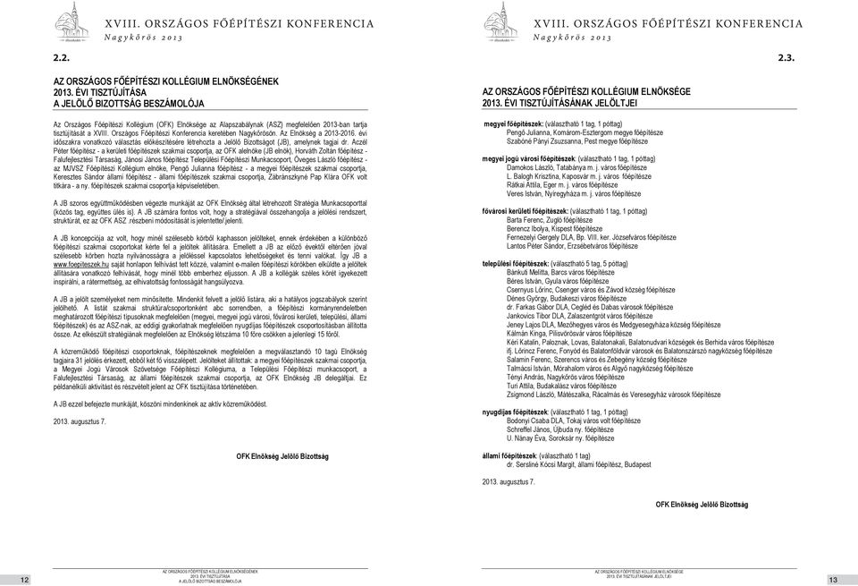 Országos Főépítészi Konferencia keretében Nagykőrösön. Az Elnökség a 2013-2016. évi időszakra vonatkozó választás előkészítésére létrehozta a Jelölő Bizottságot (JB), amelynek tagjai dr.