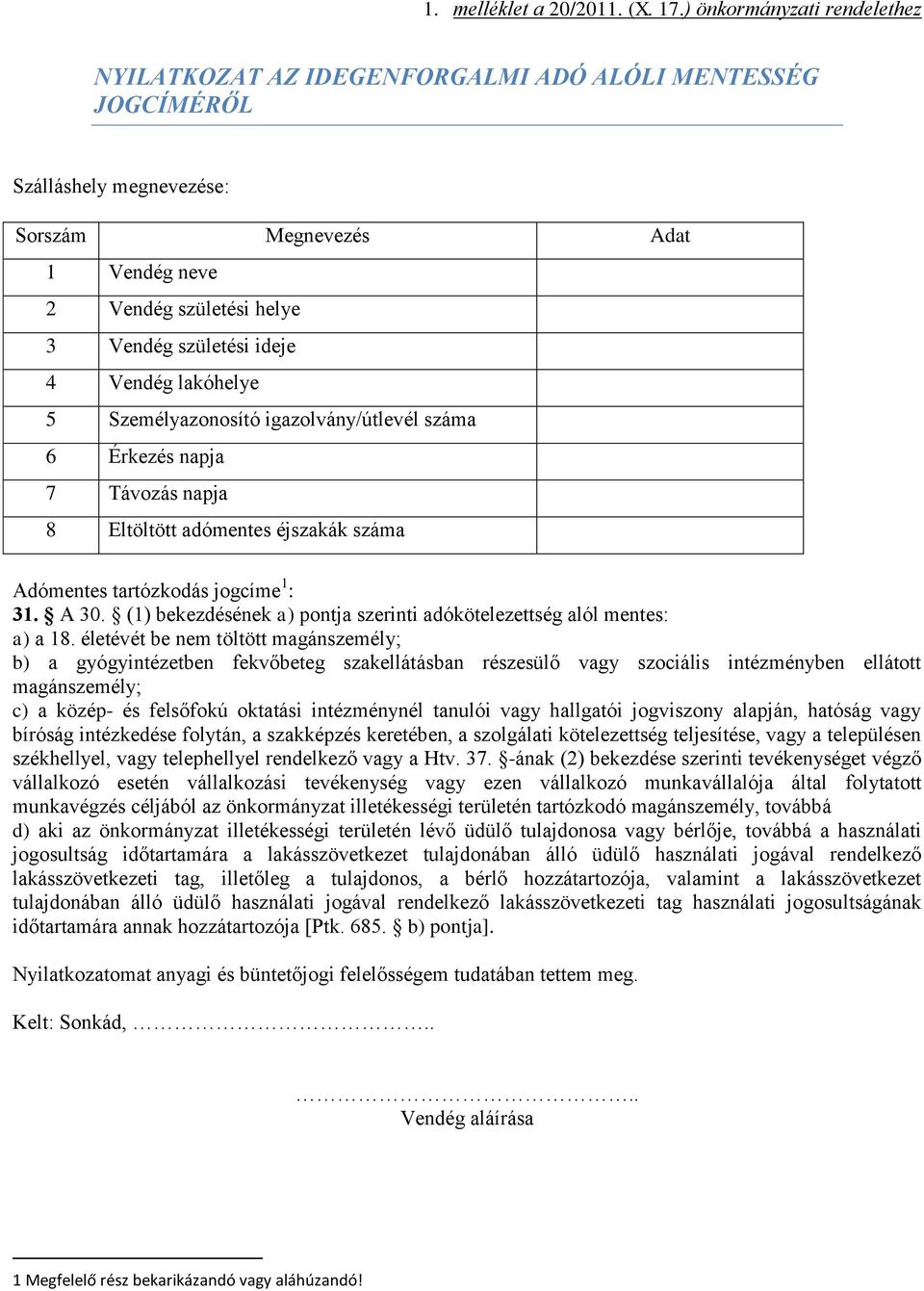 ideje 4 Vendég lakóhelye 5 Személyazonosító igazolvány/útlevél 6 Érkezés napja 7 Távozás napja 8 Eltöltött adómentes éjszakák Adómentes tartózkodás jogcíme 1 : 31. A 30.