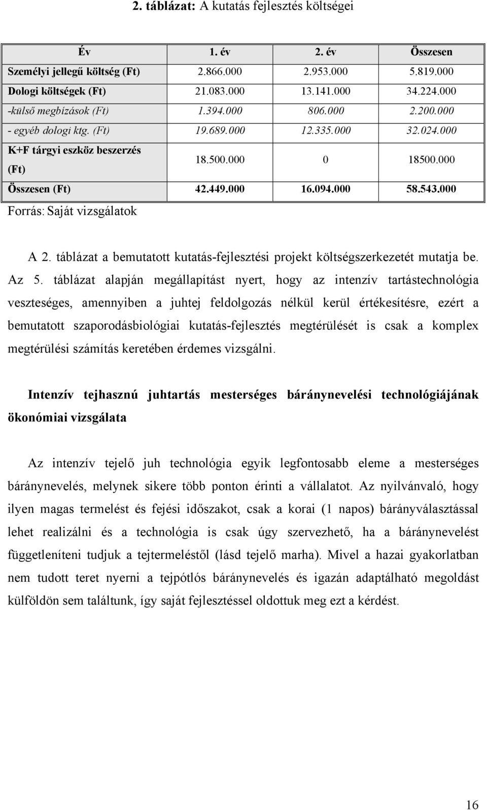 094.000 58.543.000 Forrás: Saját vizsgálatok A 2. táblázat a bemutatott kutatás-fejlesztési projekt költségszerkezetét mutatja be. Az 5.