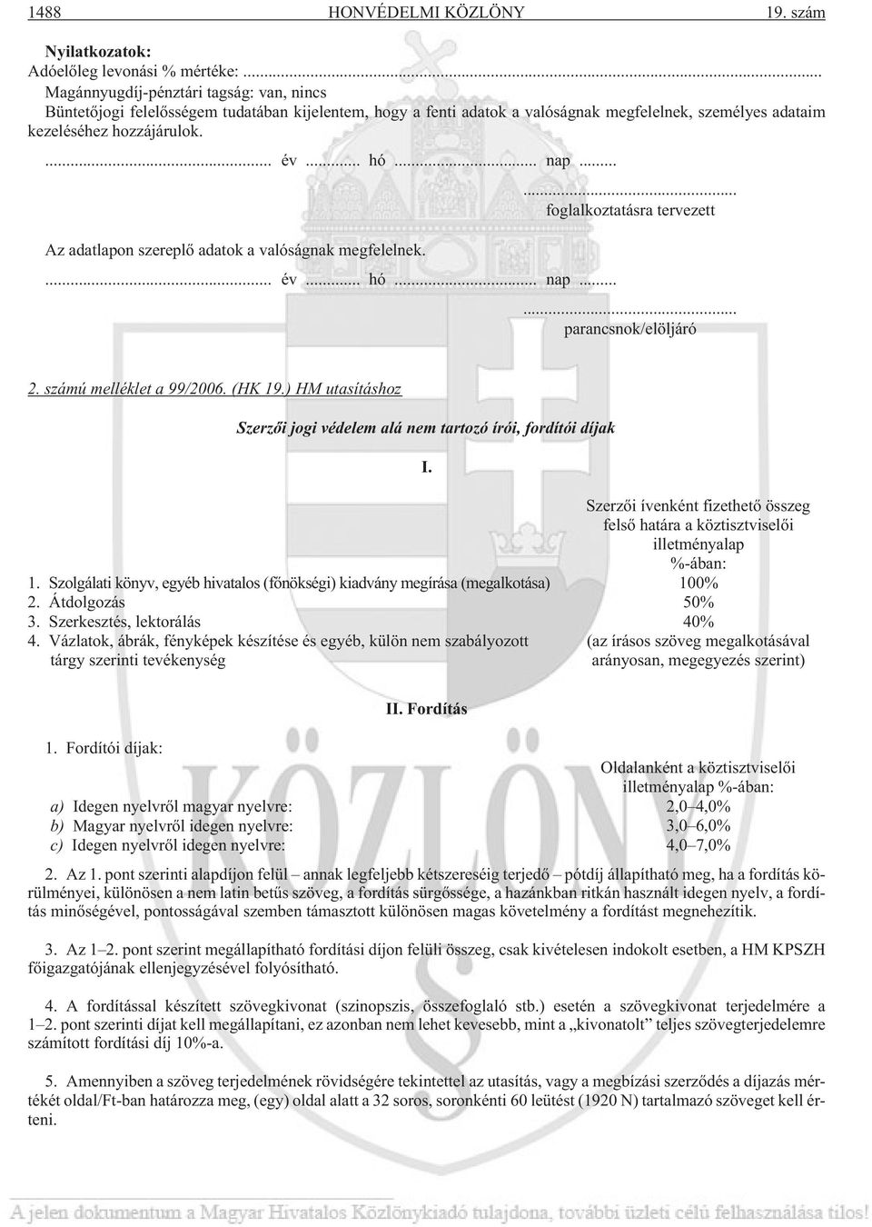 ..... foglalkoztatásra tervezett Az adatlapon szereplõ adatok a valóságnak megfelelnek.... év... hó... nap...... parancsnok/elöljáró 2. számú melléklet a 99/2006. (HK 19.