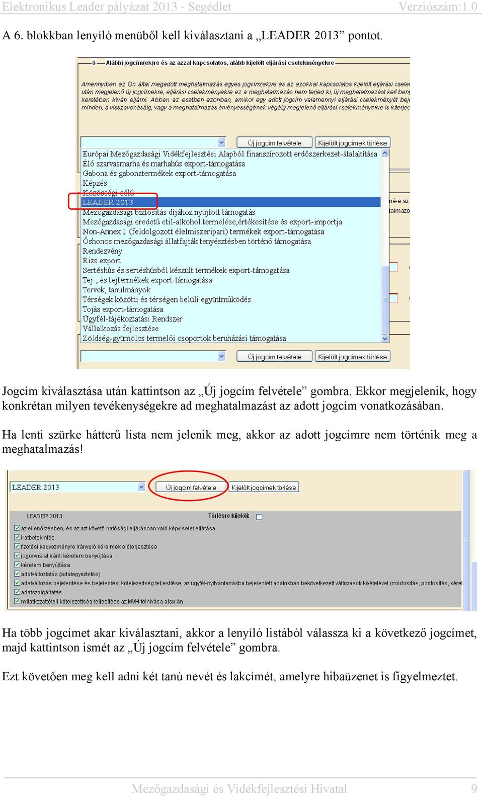 Ha lenti szürke hátterű lista nem jelenik meg, akkor az adott jogcímre nem történik meg a meghatalmazás!