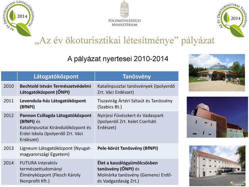 Váci Erdészet) 2013 Ligneum Látogatóközpont (Nyugatmagyarországi Egyetem) 2014 FUTURA Interaktív természettudományi Élményközpont (Flesch Károly Nonprofit Kft.